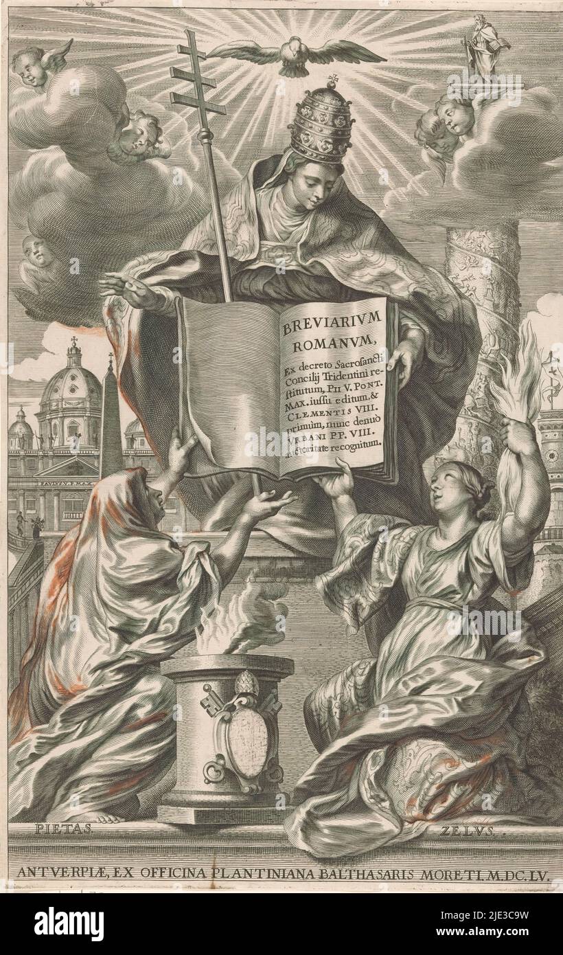 Allegorical representation with Roman Catholic Church, Piety and Zeal, Title page for: S.n., Breviarium romanum, 1694, The personification of the Roman Catholic Church with bishop's staff, papal tiara and a book bends forward towards the kneeling Piety (Pietas) and Zeal (Zelus) with lightning bolts. Above her cherubs in clouds and a dove in halo symbolizing the Holy Spirit., print maker: Cornelis Galle (II), (possibly), after drawing by: Johann Boeckhorst, (possibly), publisher: Officina Plantiniana Balthasaris Moreti, (mentioned on object), Antwerp, 1655, paper, engraving, height 346 mm × wid Stock Photo