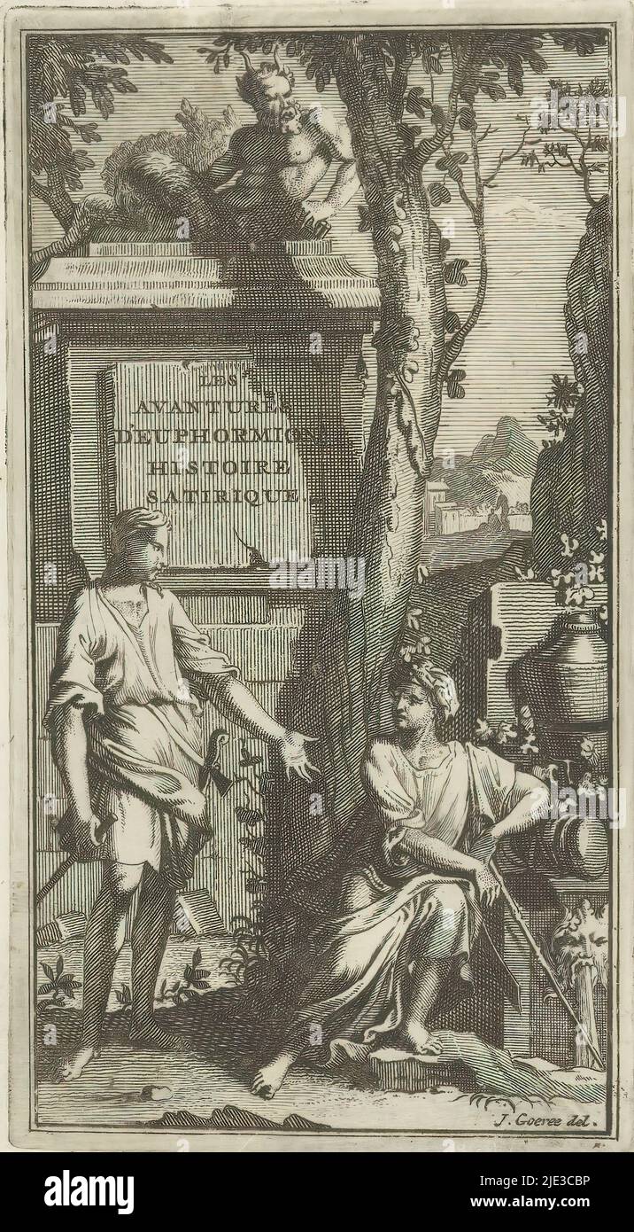 Young man in conversation with old woman, Title page for: Jean Baptiste Drouet de Maupertuy and John Barclay, Les avantures d'euphormion histoire satirique, 1711, A young man is in conversation with an old woman. The woman is leaning on a fountain. Behind them and pedestal with title on which lies a satyr., print maker: anonymous, after drawing by: Jan Goeree, (mentioned on object), publisher: Plantijn, (possibly), Antwerp, 1711, paper, engraving, height 119 mm × width 65 mm Stock Photo