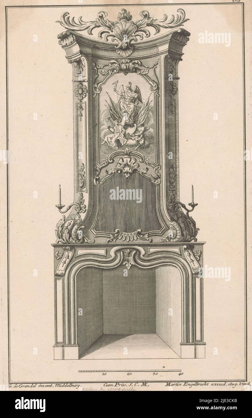 Design for a mantelpiece with Victoria, Neü inventierte Camine (series title), Design for a mantelpiece with a depiction of Victoria, the winged triumph, enthroned on a drum, implements of arms and prisoners of war. The mantelpiece is decorated with leaf ornaments. In the lower center is a scale. Print number 203., print maker: anonymous, after design by: Gerrit de Grendel, (mentioned on object), publisher: Martin Engelbrecht, (mentioned on object), after design by: Middelburg, publisher: Augsburg, 1708 - 1756, paper, engraving, height 286 mm, width 183 mm Stock Photo