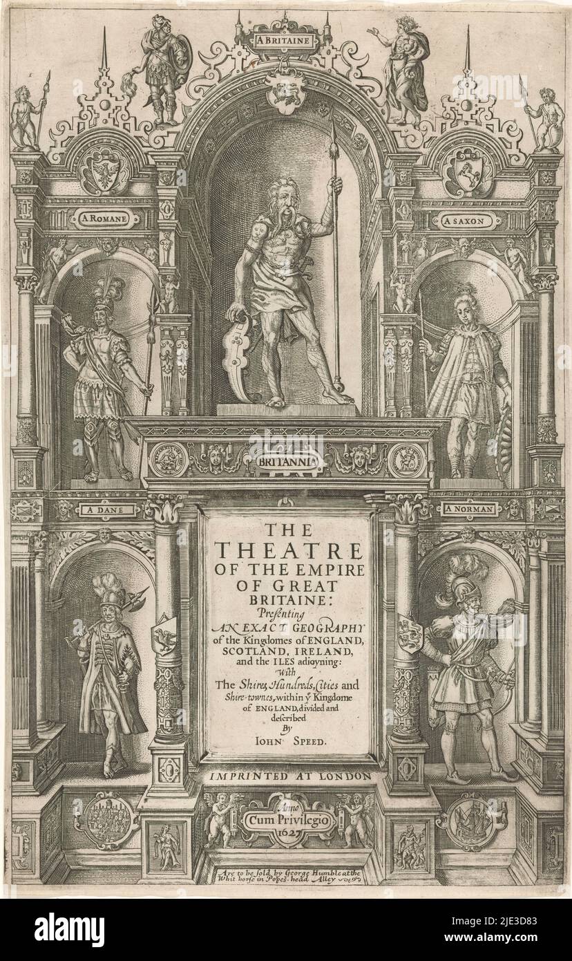 Façade with personifications of five population groups, Title page for: John Speed, Theatre of the Empire of Great Britaine, 1627, A facade of a building with a tablet at the bottom with the book title. Surrounding on pedestals and in niches five personifications of populations: a Roman, a Briton, a Saxon, a Dane, and a Norseman with accompanying coats of arms., print maker: anonymous, publisher: John Sudbury & George Humble, (possibly), George Humble, (mentioned on object), London, 1627, paper, engraving, height 383 mm × width 245 mm Stock Photo