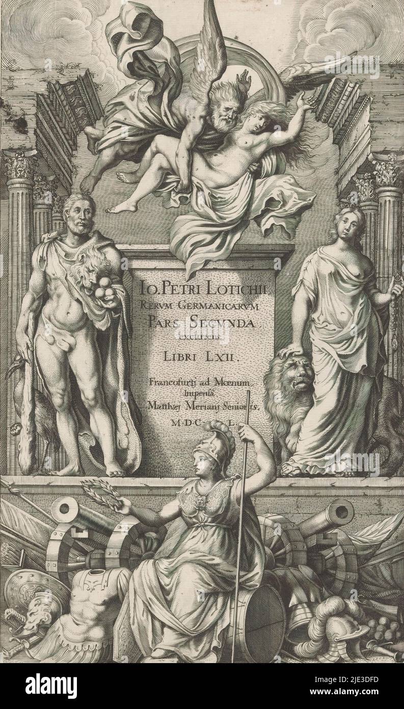 Allegorical representation with Hercules, Germania and Minerva, Title page for: Johann Peter Lotichius, Rerum Germanicarum, Pars Secunda, Libri LXII, 1650, On the left of a pedestal stands Hercules with lion skin, club, three golden apples in his hand and a (crane) bird. On the other side is an allegorical female figure, presumably Germania, holding a lion and in her hand a ring and chain. Above the pedestal flies an old man with young woman in his arms. In the foreground, Minerva with helmet, stick and laurel wreath sits on a drum in front of cannons and weapons., print maker: anonymous, publ Stock Photo