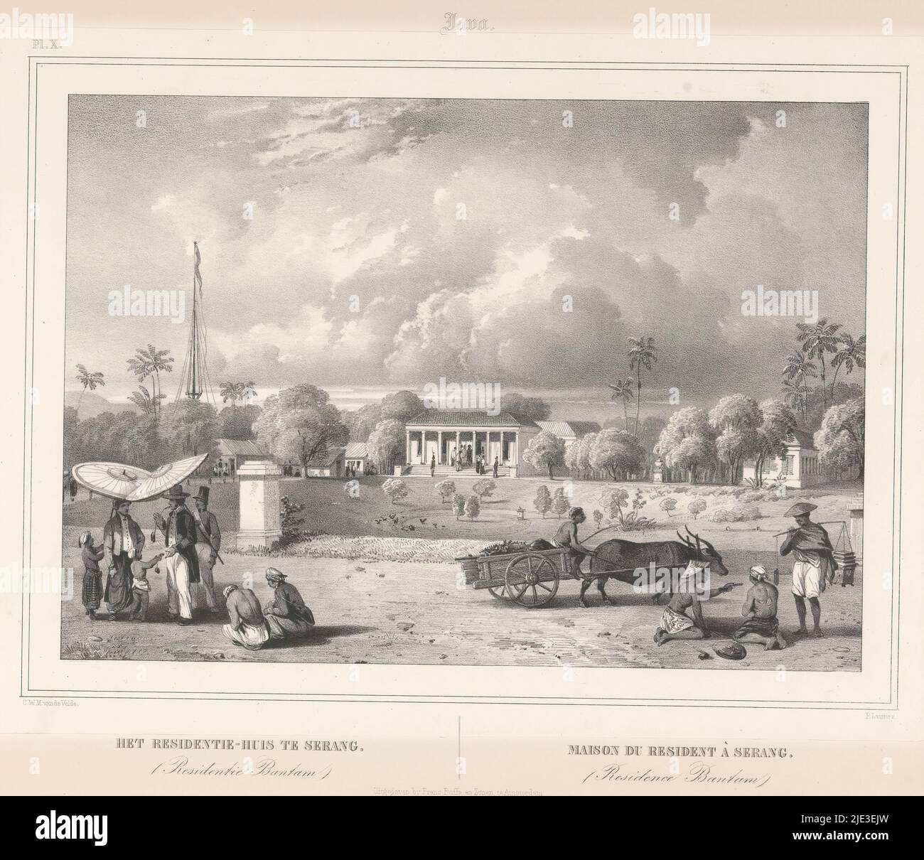 View of the residence at Bantam, The residence house at Serang. (Residence Bantam) (title on object), Java (series title on object), Gezigten uit Neêrlands Indië (series title on object), On the left men are talking under two parasols. On the right a cart pulled by an ox. Numbered top left: Pl. X The print is part of a cover with six sheets., print maker: Paulus Lauters, (mentioned on object), after design by: Charles William Meredith van de Velde, (mentioned on object), printer: Frans Buffa en Zonen, (mentioned on object), print maker: Brussels, after design by: Indonesia, printer: Amsterdam, Stock Photo