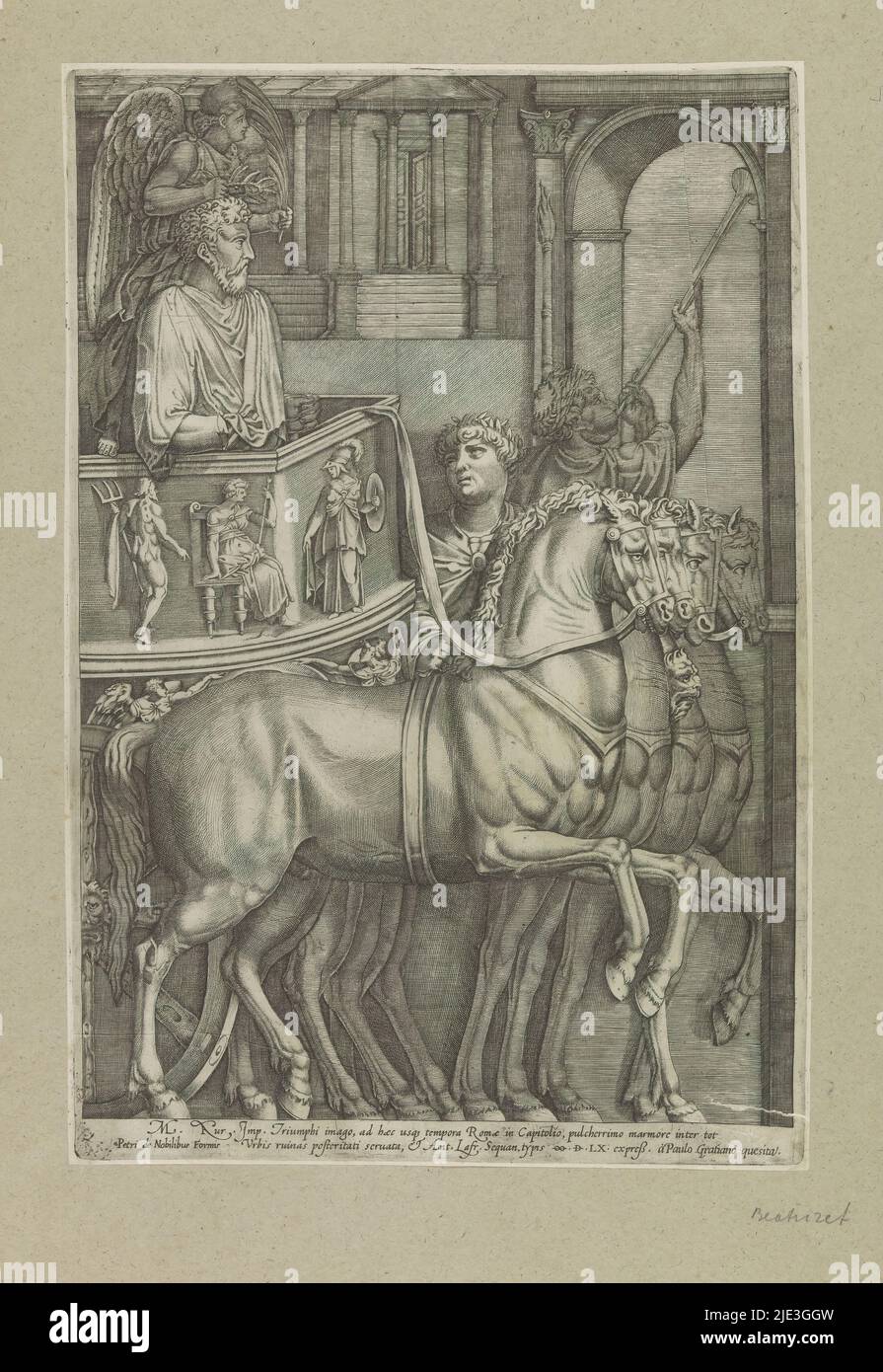Triumph of Emperor Marcus Aurelius, M. Aure. Imp. Triumphi imago, ad haec usqe tempora Romae in Capitol (...), Emperor Marcus Aurelius stands on a triumphal chariot pulled by four horses. On the right, a man blowing a trumpet. The print is part of an album., print maker: Nicolas Beatrizet, after sculpture by: anonymous, publisher: Antonio Lafreri, (mentioned on object), print maker: Italy, after sculpture by: Italy, publisher: Rome, 1560, paper, engraving, height 430 mm × width 287 mm Stock Photo