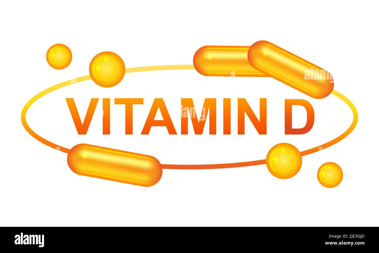 Vitamin D medical pill capsule. Diet food supplement. Cholecalciferol tablet. D3 chemical multivitamin pharmacy medicament. Healthcare product. Vector Stock Vector