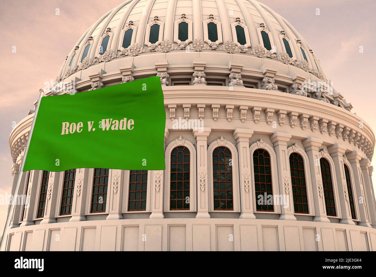 Beautiful flag of MY BODY MY CHOICE FEMINIST FEMINISM ABORTIONS waving with the strong wind and behind it the dome of the Capitol USA Roe v. Wade 3D R Stock Photo