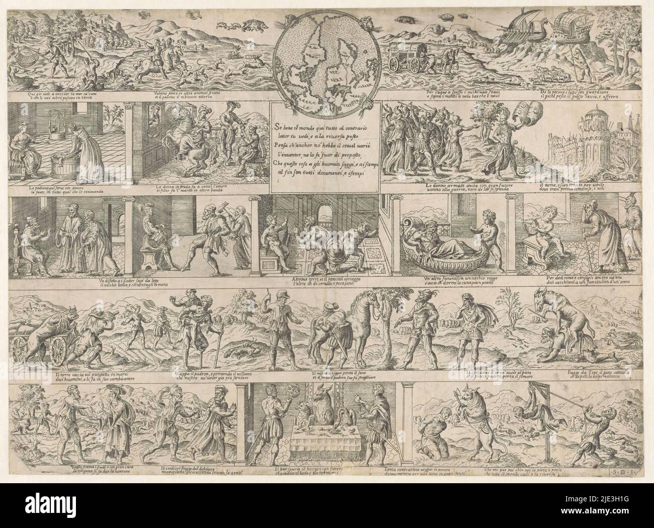 Wrong World, Se bene il mondo qui tutto al contrario (title on object), Sheet showing in five strips all kinds of representations of life in the wrong or inverted world. Here animals and people swap places, activities from the land to the sea and vice versa, the roles of parents and children and of masters and servants are reversed. All with captions in Italian., print maker: Etienne Dupérac, (mentioned on object), Venice, c. 1560, paper, etching, height 371 mm × width 508 mm Stock Photo