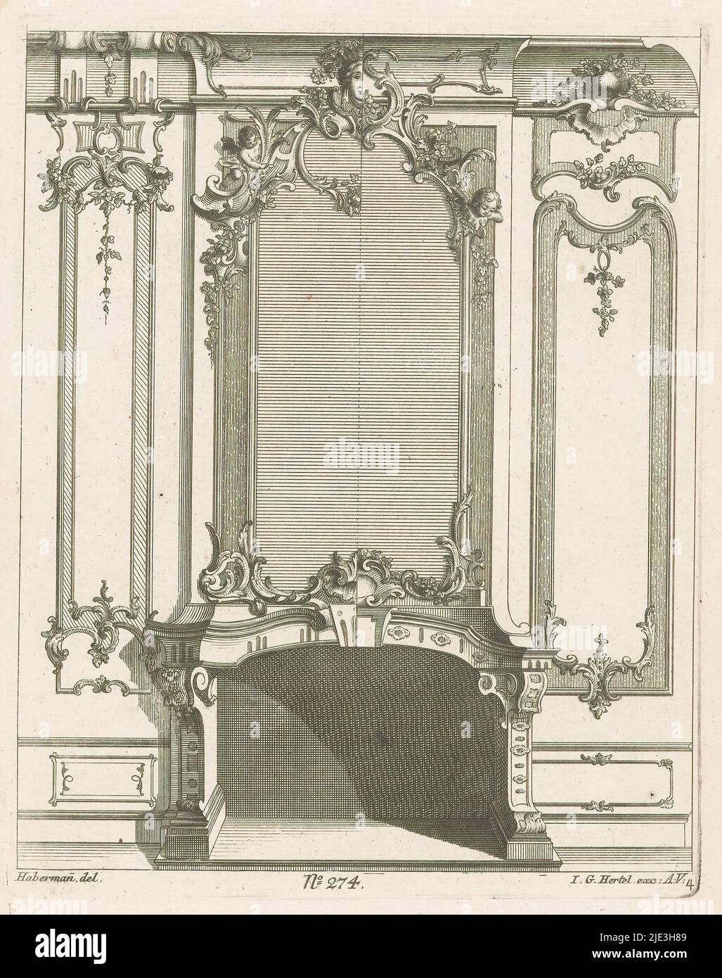 Fireplace with putti, Fireplaces (series title), Fireplace with rocaille ornaments, floral motifs, two winged putti and woman's head with flowers above. Publisher's number 274., print maker: Emanuel Eichel, (possibly), after drawing by: Franz Xaver Habermann, (mentioned on object), publisher: Johann Georg Hertel (I), (mentioned on object), Augsburg, 1746, paper, etching, engraving, height 250 mm × width 195 mm Stock Photo