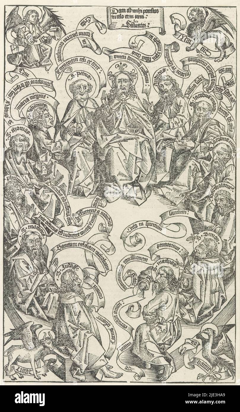 Christ and the Twelve Apostles, Liber Chronicarum (series title), Christ is seated with the imperial apple on his right knee in a circle with the twelve apostles. Each apostle has a nimbus with his name. Christ has a cross nimbus. To Christ's left and right are Peter and Andrew. Centered above the text, Data est mihi potestas in caelo et in terra: Salvator (Mat. 28:18). The banderoles near the apostles contain the twelve articles of the Creed. In the corners of the picture the symbols of the four Evangelists. The print is part of an album., print maker: Michel Wolgemut, (workshop of), print ma Stock Photo