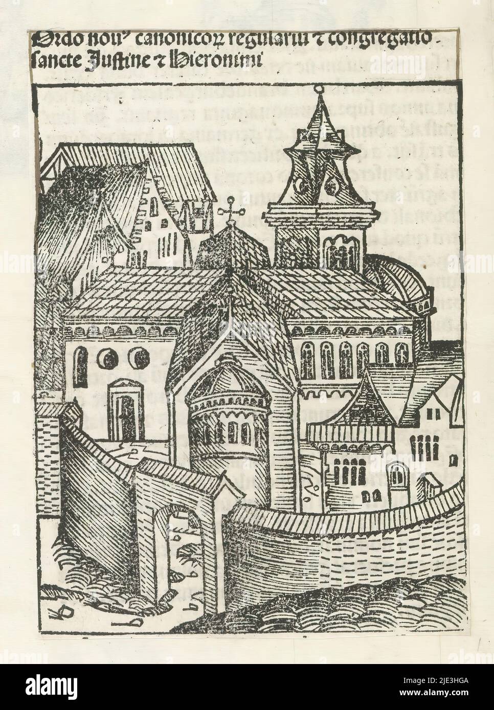 New Order of St. Justin and Hieronymus, Ordo novo canonicorum regularum et congregatio sancte Justine et Hieronimi (title on object), Liber Chronicarum (series title), A church and other buildings, situated within monastery walls. Used here as a depiction of the order of St. Justin and Hieronymus. The print is part of an album., print maker: Michel Wolgemut, (workshop of), print maker: Wilhelm Pleydenwurff, (workshop of), Neurenberg, 1493, paper, letterpress printing, height 155 mm × width 111 mm Stock Photo