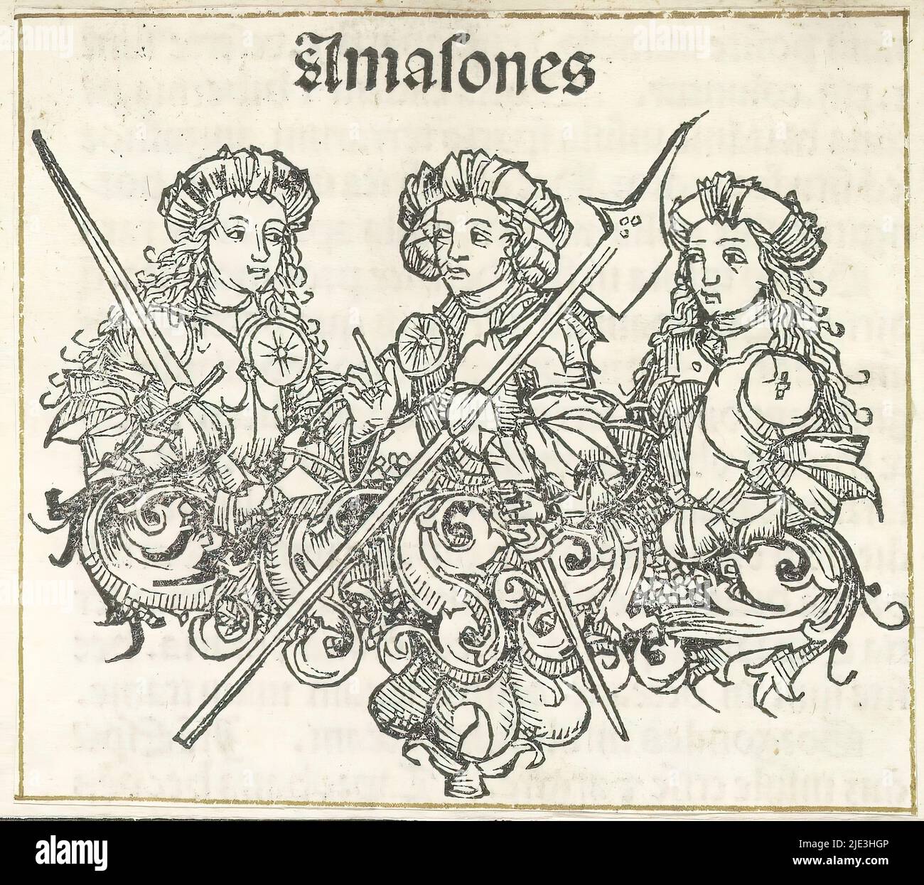 Amazons, Amasones (title on object), Liber Chronicarum (series title), A flower calyx with three Amazons, each dressed in armor and wearing a turban on the head. The first holds a sword, the second a battle axe and the third a dagger. The print is part of an album., print maker: Michel Wolgemut, (workshop of), print maker: Wilhelm Pleydenwurff, (workshop of), Neurenberg, 1493, paper, letterpress printing, height 95 mm × width 107 mm Stock Photo