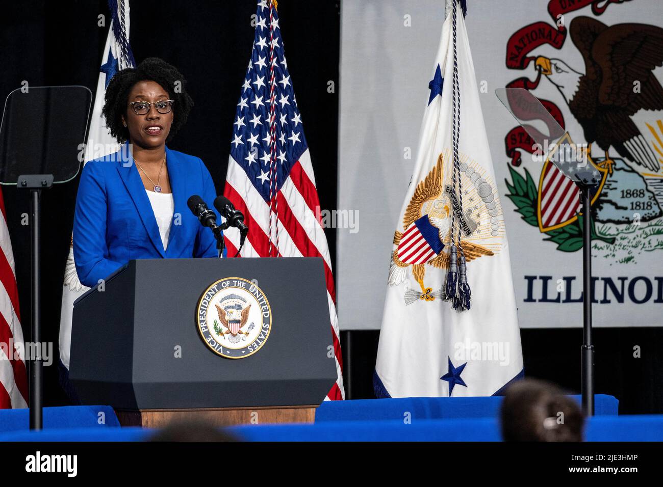 Congresswoman Lauren Underwood speaks about maternal health care at an event with Vice President Kamala Harris (not pictured) at the C.W. Avery Family YMCA on Friday June 24, 2022 in Plainfield, IL. (Photo by Christopher Dilts / Pool/ABACAPRESS.COM) Stock Photo