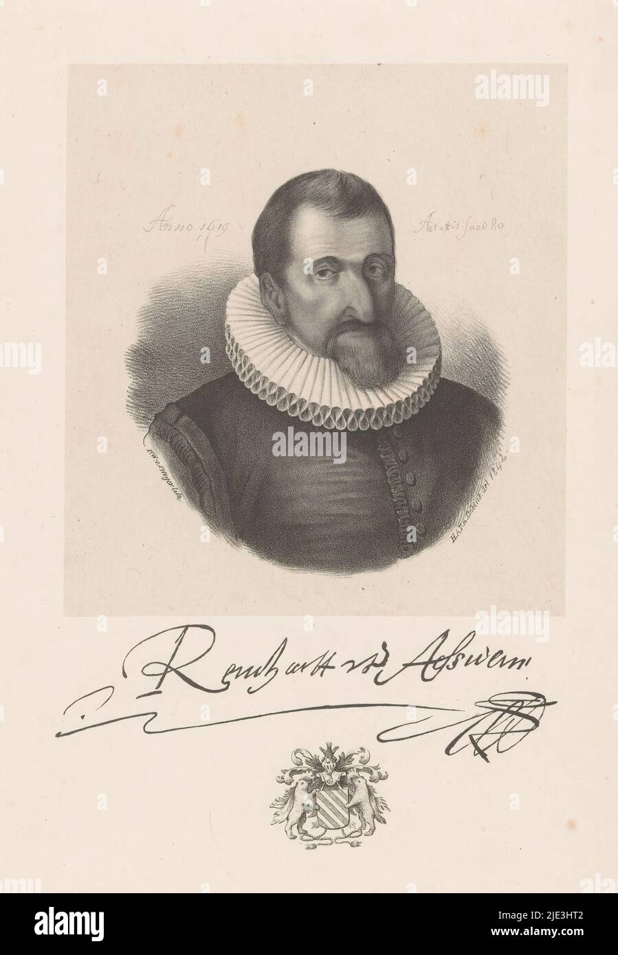 Portrait of Reinhardt of Aesswine at the age of 80, Portrait of Reinhardt of Aesswine. In the lower center margin his coat of arms. In the lower margin his signature., print maker: Hendrik Anthony Frederik Agathus Gobius, (mentioned on object), after design by: Hendrik Anthony Frederik Agathus Gobius, (mentioned on object), after painting by: anonymous, Utrecht, 1852, paper, height 349 mm × width 267 mm Stock Photo