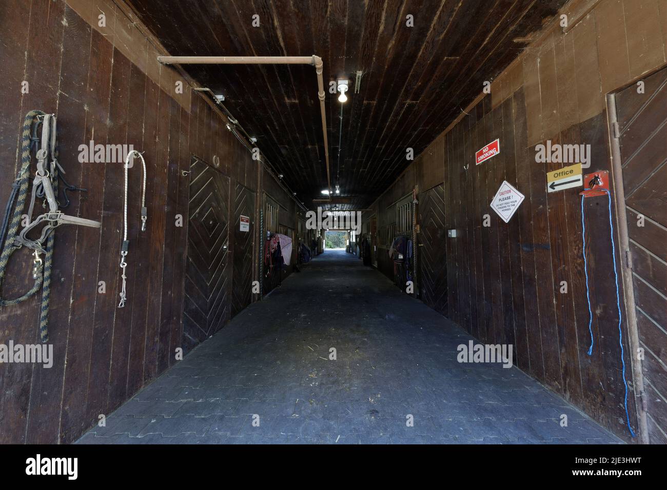 Empty Horse Stall Hallway in Stables in North America Stock Photo