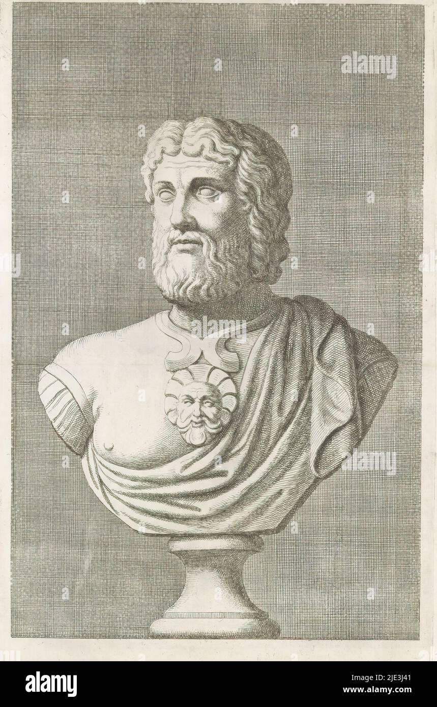Bust of a bearded man, to the left, The print is part of an album containing a series of prints after the sculptures in Gerard Reynst's collection., print maker: Hubert Quellinus, print maker: Gerard de Lairesse, (rejected attribution), Antwerp, 1646 - 1670, paper, engraving, height 330 mm × width 203 mm Stock Photo