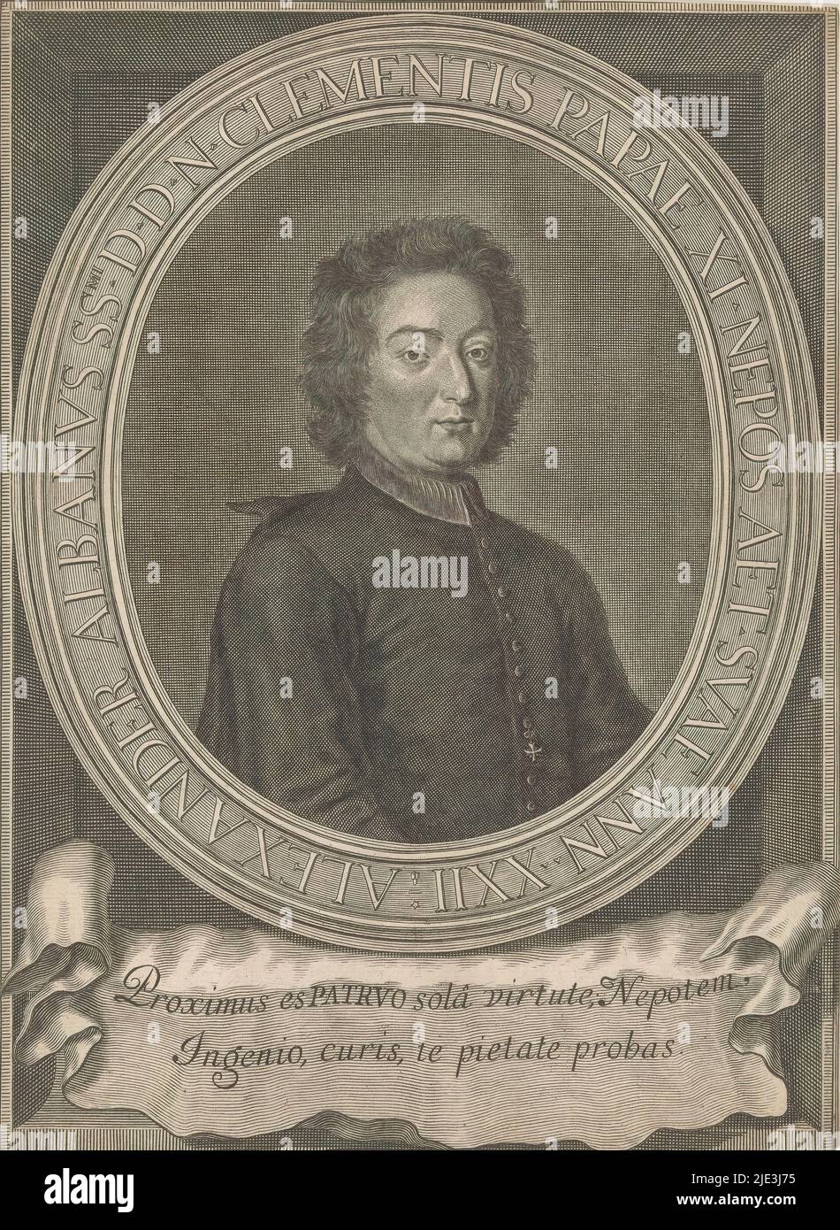 Portrait of Alessandro Albani at age 22, Portrait of Alessandro Albani in an oval frame with edge lettering. In a cartouche two lines of Latin text., print maker: anonymous, 1714 - 1799, paper, engraving, height 258 mm × width 188 mm Stock Photo