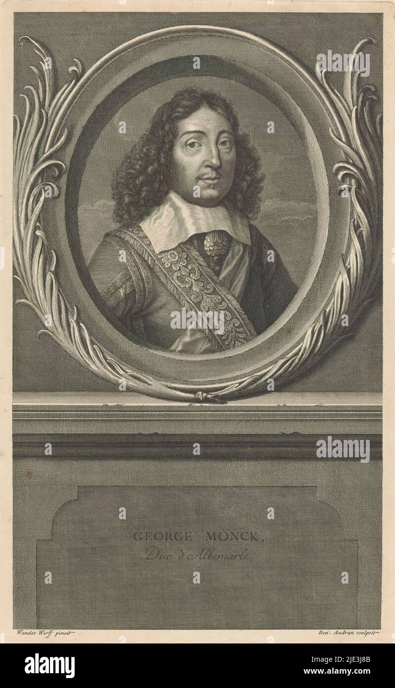 Portrait of George Monck, Duke of Albemarle, Portrait of George Monck in an ornamented oval frame. In a frame his name and title., print maker: Benoît Audran (I), (mentioned on object), after painting by: Adriaen van der Werff, (mentioned on object), Paris, 1671 - 1721, paper, engraving, etching, height 308 mm × width 185 mm Stock Photo
