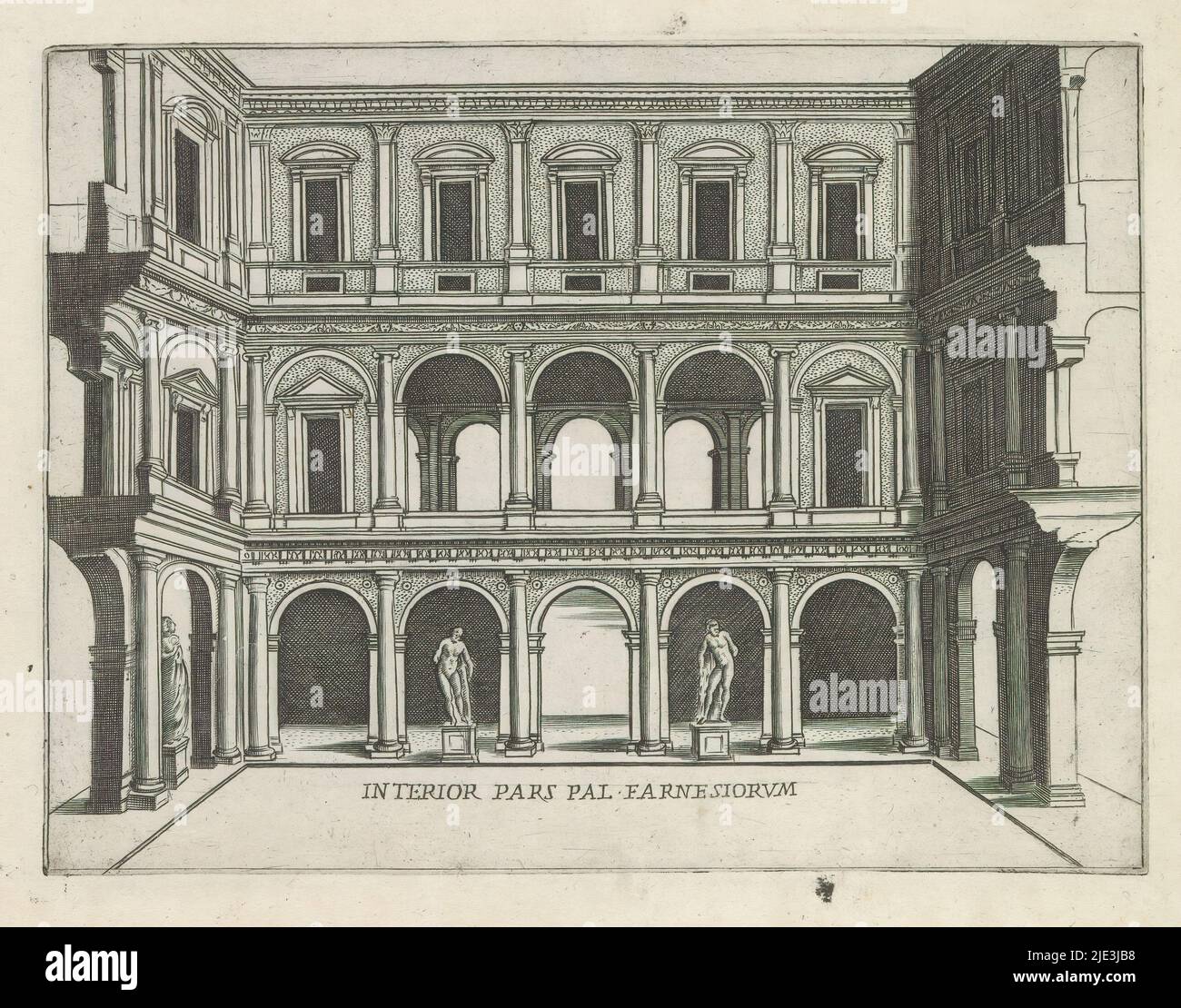 Courtyard of Palazzo Farnese at Rome, Interior pars Pal. Farnesiorum (title on object), Famous buildings in Rome and beyond (series title), Palazzi diversi nel'alma cità di Roma, et altre (series title on object), Print is part of an album., print maker: Giacomo Lauro, after design by: Antonio da Sangallo (II), after design by: Giacomo Barozzi Vignola, print maker: Rome, after design by: Rome, after design by: Rome, after design by: Rome, publisher: Rome, Vaticaanstad, 1638, paper, etching, height 176 mm × width 235 mm Stock Photo