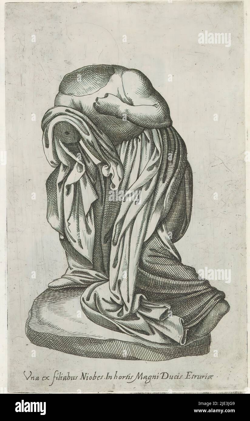 Sculpture of one of the daughters of Niobe, Sculptures of Antiquity (series title), The sculpture lacks the head, an arm and fingers. Caption in Latin. Print is part of an album., print maker: anonymous, Italy, 1600 - 1699, paper, etching, engraving, height 225 mm × width 138 mm Stock Photo