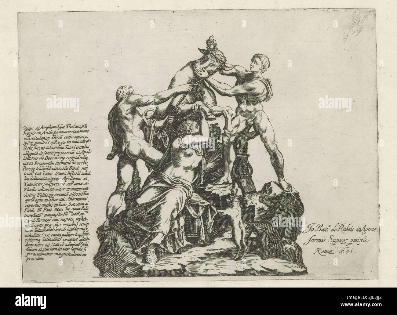 Dirce being tied to a bull, Farnese Bull, Sculptures of Antiquity (series title), Ancient sculpture known as the Farnese Bull. The brothers Amphion and Zethus tie the braided hair of Dirce to the horns of a bull. Caption in Latin. Print is part of an album., print maker: anonymous, publisher: Giovanni Battista de'Rossi, (mentioned on object), publisher: Antonio Salamanca, (rejected attribution), print maker: Italy, publisher: Rome, publisher: Rome, Vaticaanstad, 1538 and/or 1641, paper, engraving, height 178 mm × width 235 mm Stock Photo