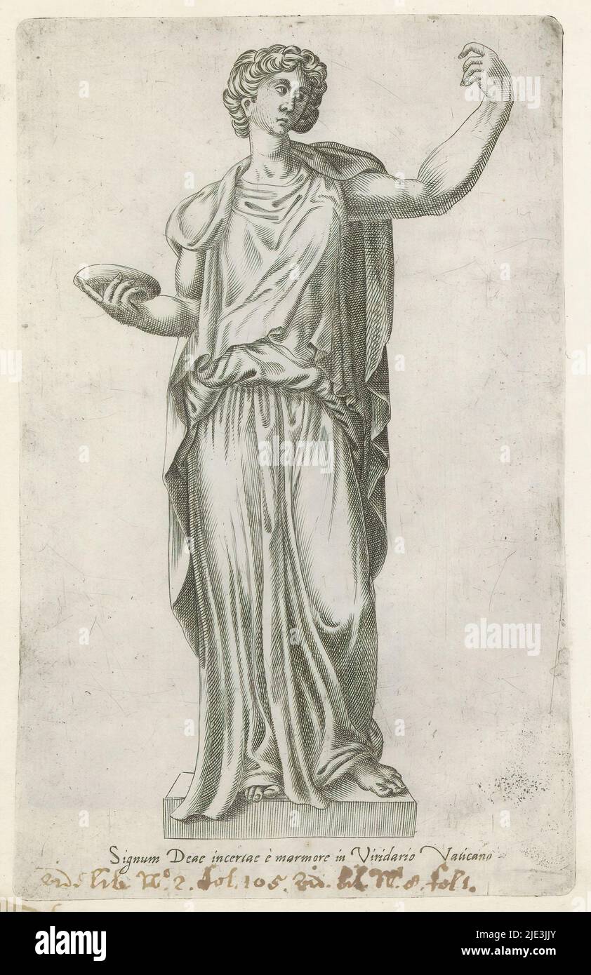 Sculpture of a goddess with sign, Sculptures of Antiquity (series title), Caption in Latin. Print is part of an album., print maker: anonymous, Italy, 1600 - 1699, paper, engraving, height 225 mm × width 142 mm Stock Photo