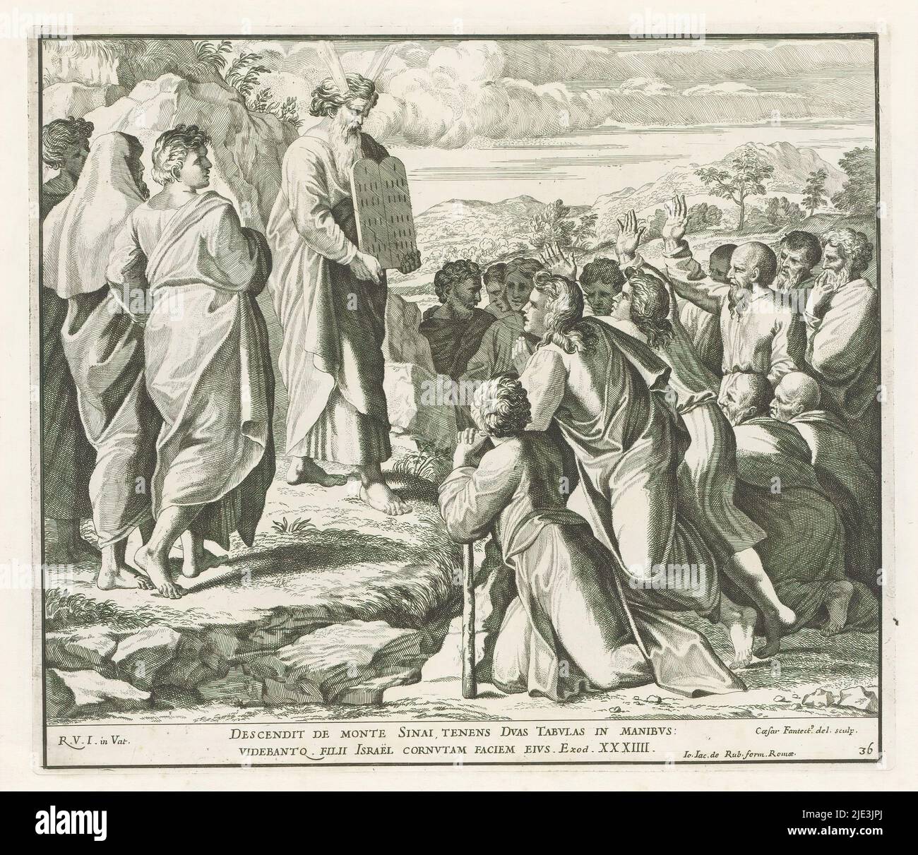 Moses shows the tablets of the law, Raphael Bible (series title), Paintings in Raphael's Loggia (series title), Imagines Veteris ac Novi Testamenti (series title), Moses stands at the foot of Mount Sinai, before the Israelites. He is showing them the tablets of the Law. Bible verse below the image. Print is part of an album., print maker: Cesare Fantetti, (mentioned on object), after drawing by: Cesare Fantetti, (mentioned on object), after painting by: Rafaël, (mentioned on object), print maker: Italy, after drawing by: Italy, after painting by: Vaticaanstad, publisher: Rome, Vaticaanstad, 16 Stock Photo