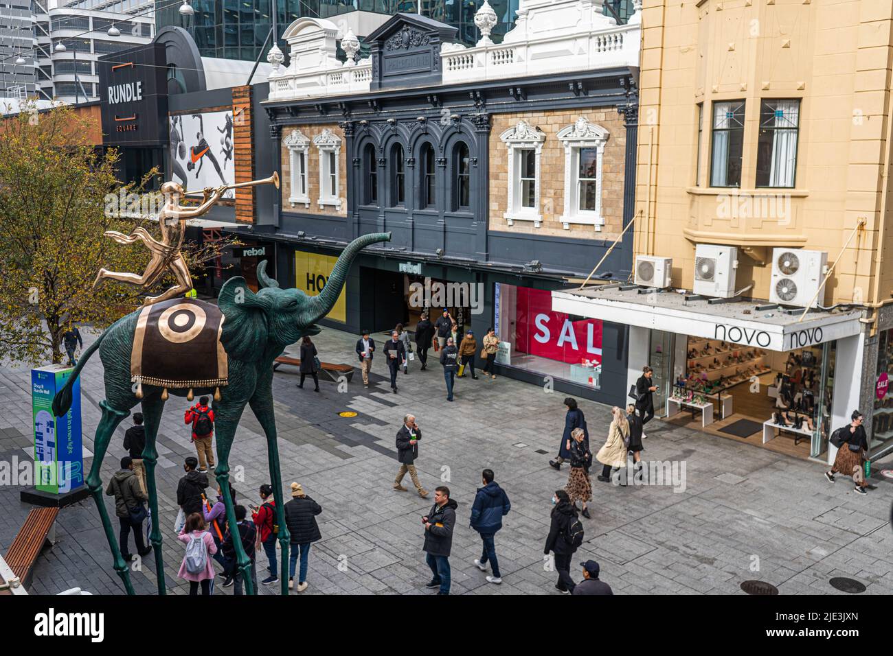 Adelaide Australia, 24 June 2022 . A 6m-tall original bronze sculpture by Spanish surrealist Salvador Dali entitled 'Triumphant Elephant' carrying a trumpeting angel, has been installed on Rundle Mall as part of a partnership between the Adelaide Economic Development Agency (AEDA), Art Evolution, Dali Universe Switzerland and the d'Arenberg is on loan to the Mall for the next 12 months, and has previously been on display in Beverly Hills, Italy and Asia. Credit. amer ghazzal/Alamy Live News Stock Photo