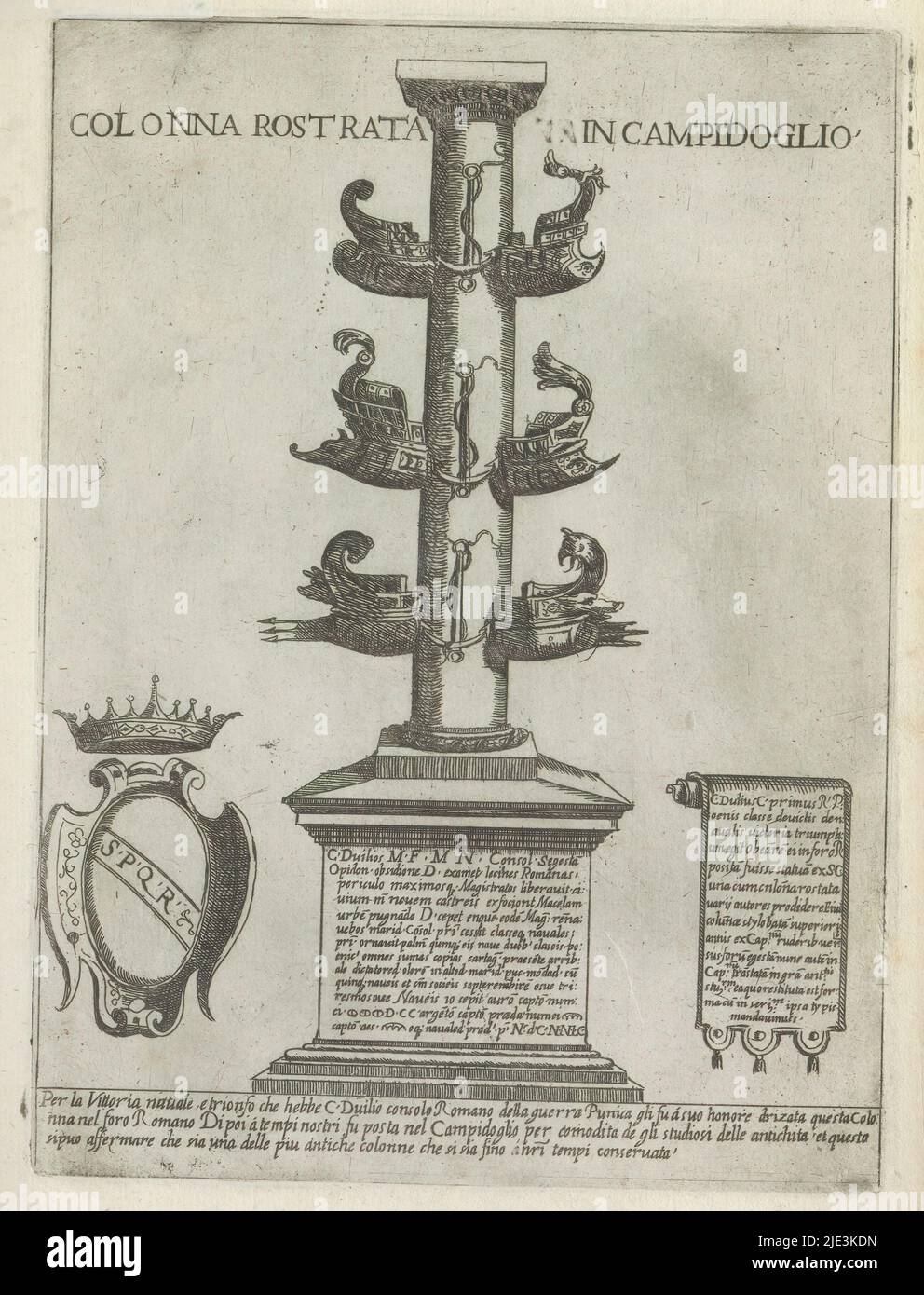 Colonna rostrata, Colonna rostrata in Campidoglio (title on object), Modern and ancient monuments and structures in Rome (series title), Ornamenti di fabriche antichi et moderni dell' alma citta di Roma (series title), A colonna rostrata (a victory column) commemorating a naval battle won. Text in Italian below the image. The print is part of an album., print maker: Giovanni Maggi, after drawing by: Giovanni Maggi, publisher: Andrea Vaccari, print maker: Rome, after drawing by: Rome, publisher: Italy, Vaticaanstad, Italy, Rome, 1576 - 1618 and/or 1600, paper, etching, height 218 mm × width 148 Stock Photo