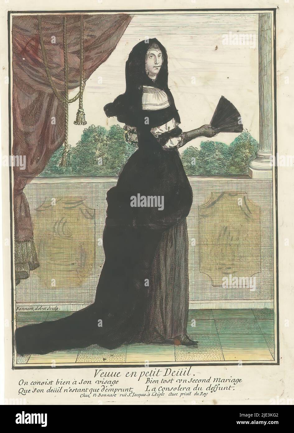 Veuve en petit Deuil (title on object), Widow in light mourning, Lady to right, dressed in black over garment with black veil over head. Fan in right hand., print maker: Nicolas Bonnart, (mentioned on object), after drawing by: Nicolas Bonnart, (mentioned on object), publisher: Nicolas Bonnart, (mentioned on object), Paris, c. 1676, paper, etching, height 300 mm × width 200 mm Stock Photo
