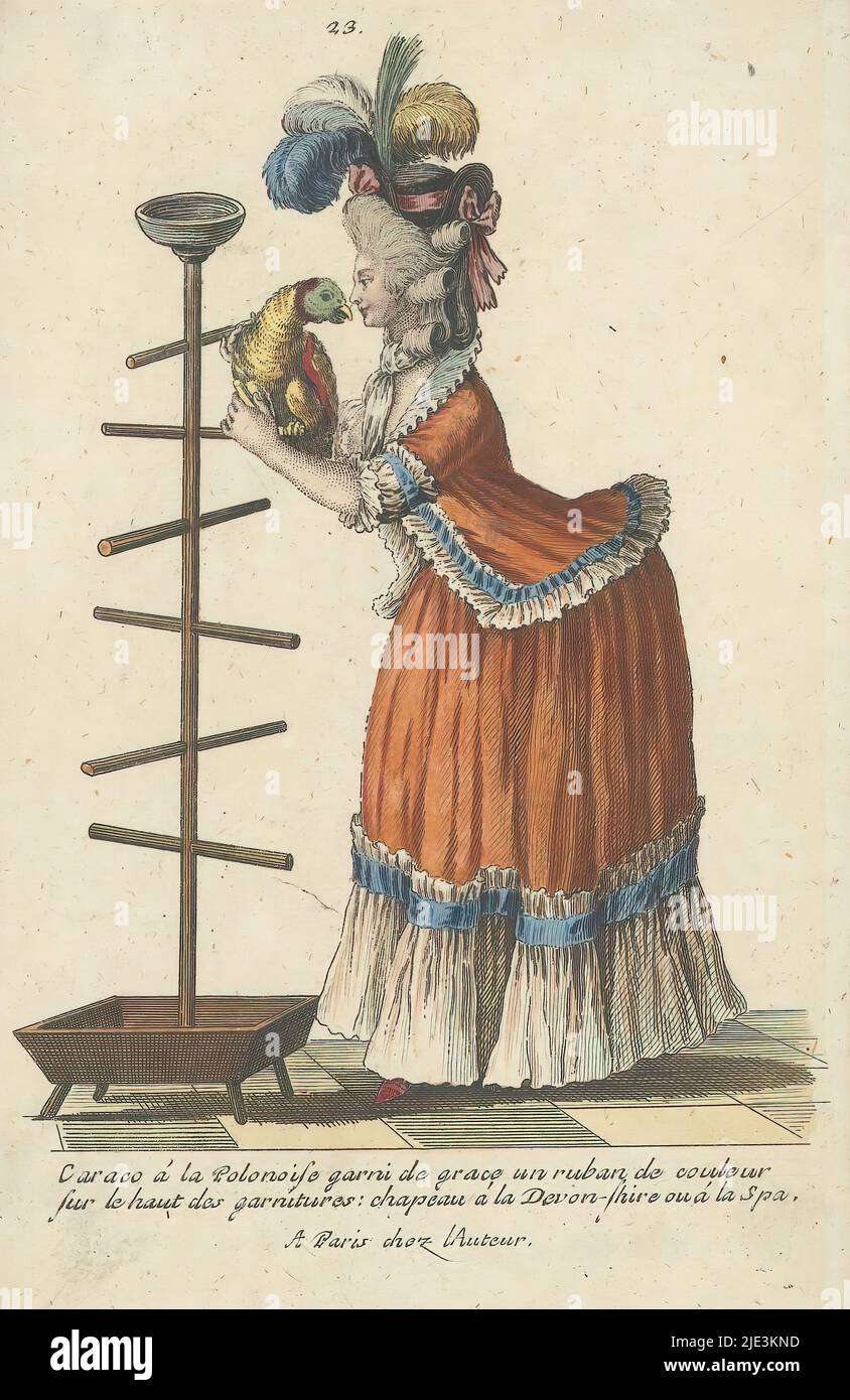 Gallerie des Modes et Costumes Français, no. 23, copy to dd. 165: Caraco à la Polonois (...) (title on object), Young woman, standing by parrot on a stand. She is dressed in a red caraco à la Polonaise, trimmed with a pleated border of gauze.  Red skirt with a wide ruffled strip at the bottom edge. Headdress with raised feathers, called 'chapeau à la Devonshire'. Reduced copy to dd.165 from series dd. 28th Cahier des Costumes Francais, 22nd Suite d'Habillemens à la Mode en 1780, Gallerie des Modes et Costumes Français, print maker: anonymous, after print by: Pierre Adrien Le Beau, after Stock Photo