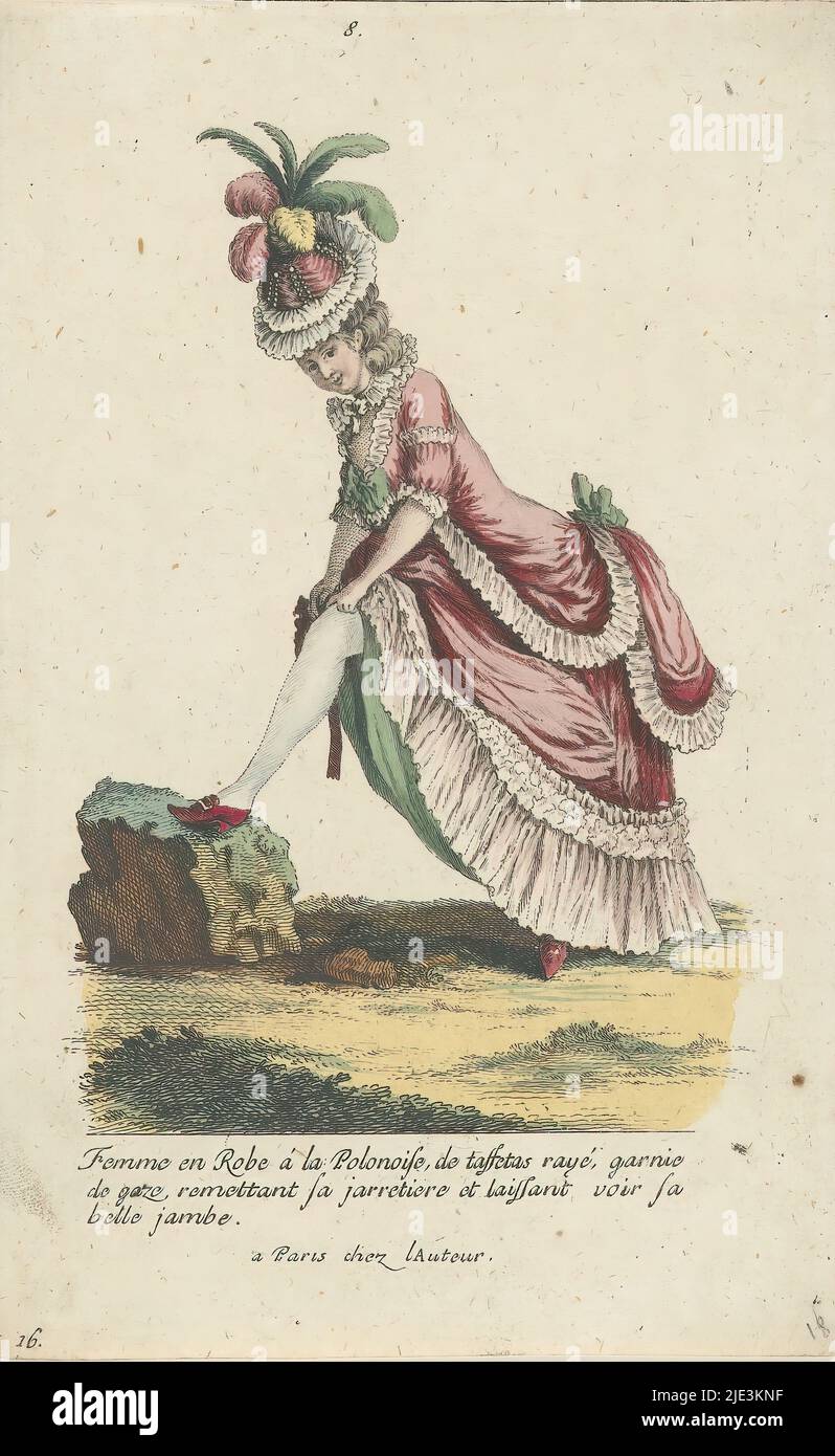 Gallerie des Modes et Costumes Français, nr...., copy to G.37: Femme en Robe à la Polonnois (...) (title on object), Young woman securing her stocking with a garter, showing part of her (nicely shaped) leg. She is dressed in a robe à la Polonaise, trimmed with taffeta. Small round hat with feathers. Reduced copy to G.37 from series G. 7th Cahier des Costumes Francais, 1ere Suite d'Habillemens de Femmes à la Mode, Gallerie des Modes et Costumes Français, print maker: anonymous, after print by: Pierre Adrien Le Beau, after drawing by: Pierre Thomas Le Clerc, Paris, 1785, paper, etching, height Stock Photo