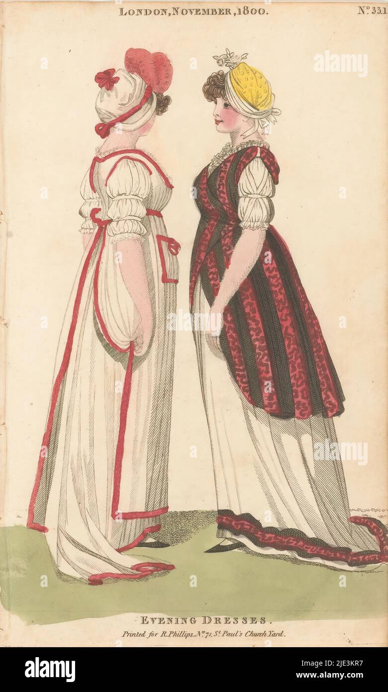 Magazine of Female Fashions of London and Paris, No. 29.1: London, July.  1800: Evening Dress; Full Dress, English women's fashion 1800. A young  woman in evening gown and one in gala dress.,