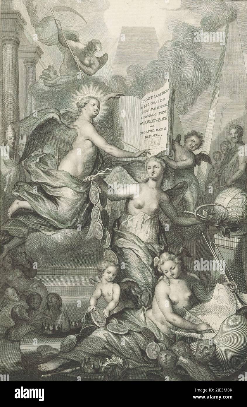 Allegorical representation with Fame, Eternity and Writing, Title page for: David Fransz. van Hoogstraten and Matthaeus Brouërius van Nidek, Great general historical, geopgraphic, genealogical, words-book, 1725, Fame is in the foreground drawing a map. She is looking at a medallion necklace with portraits of sovereigns. Eternity carries a medallion necklace with portraits in one hand and the sign of infinity, the serpent Ouroboros, in the other. On the left sits Writing. She is writing everything down in a book, on which is the title of the tome. Around them various figures from history, such Stock Photo