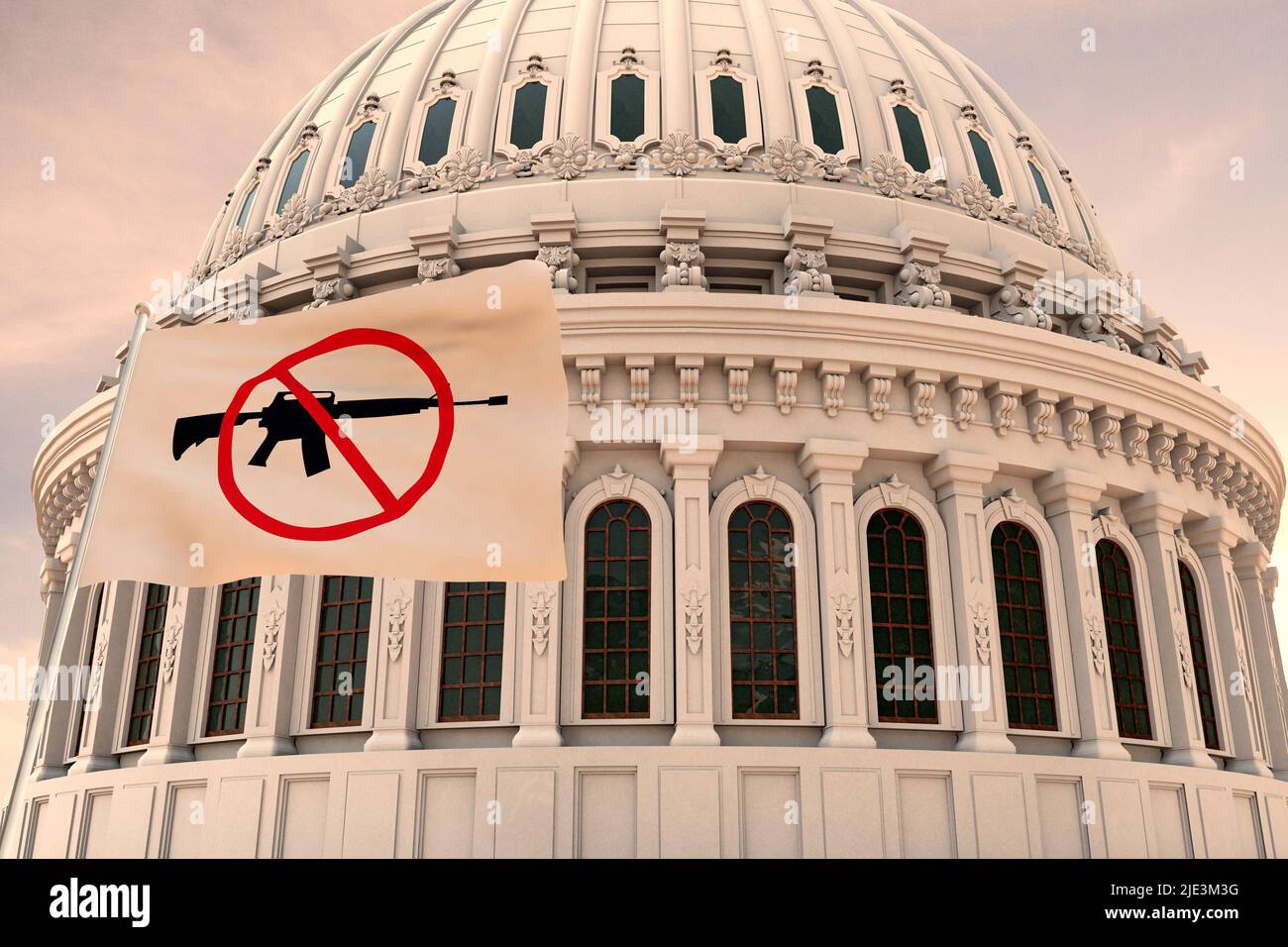 Beautiful flag of the Assault Weapons Ban, BAN GUNS waving with the strong wind and behind it the dome of the Capitol USA 3D RENDER, 3D RENDERING. Stock Photo