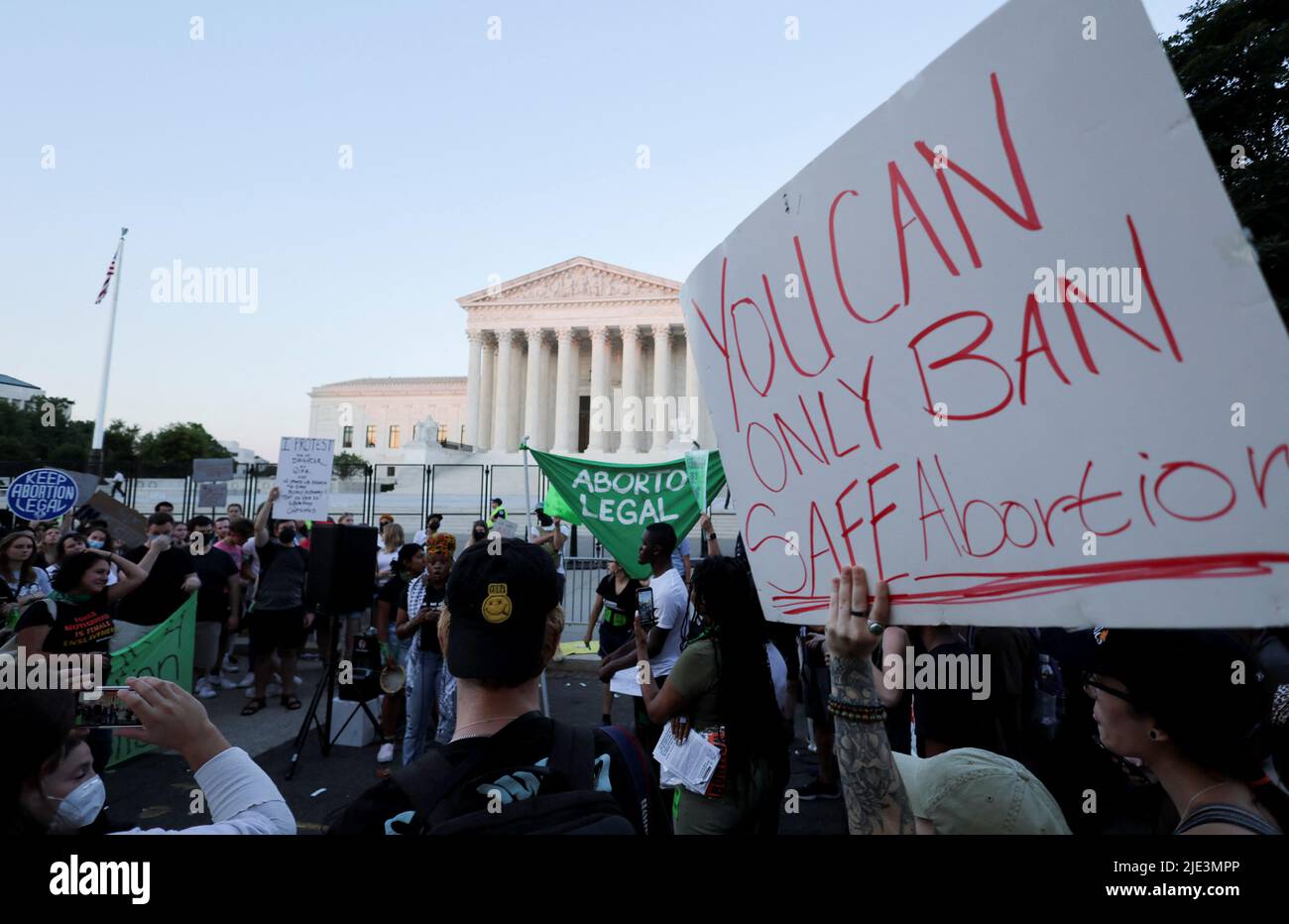 Abortion rights demonstrators protest outside the United States Supreme Court as the court rules in the Dobbs v Women's Health Organization abortion case, overturning the landmark Roe v Wade abortion decision in Washington, U.S., June 24, 2022. REUTERS/Jim Bourg Stock Photo