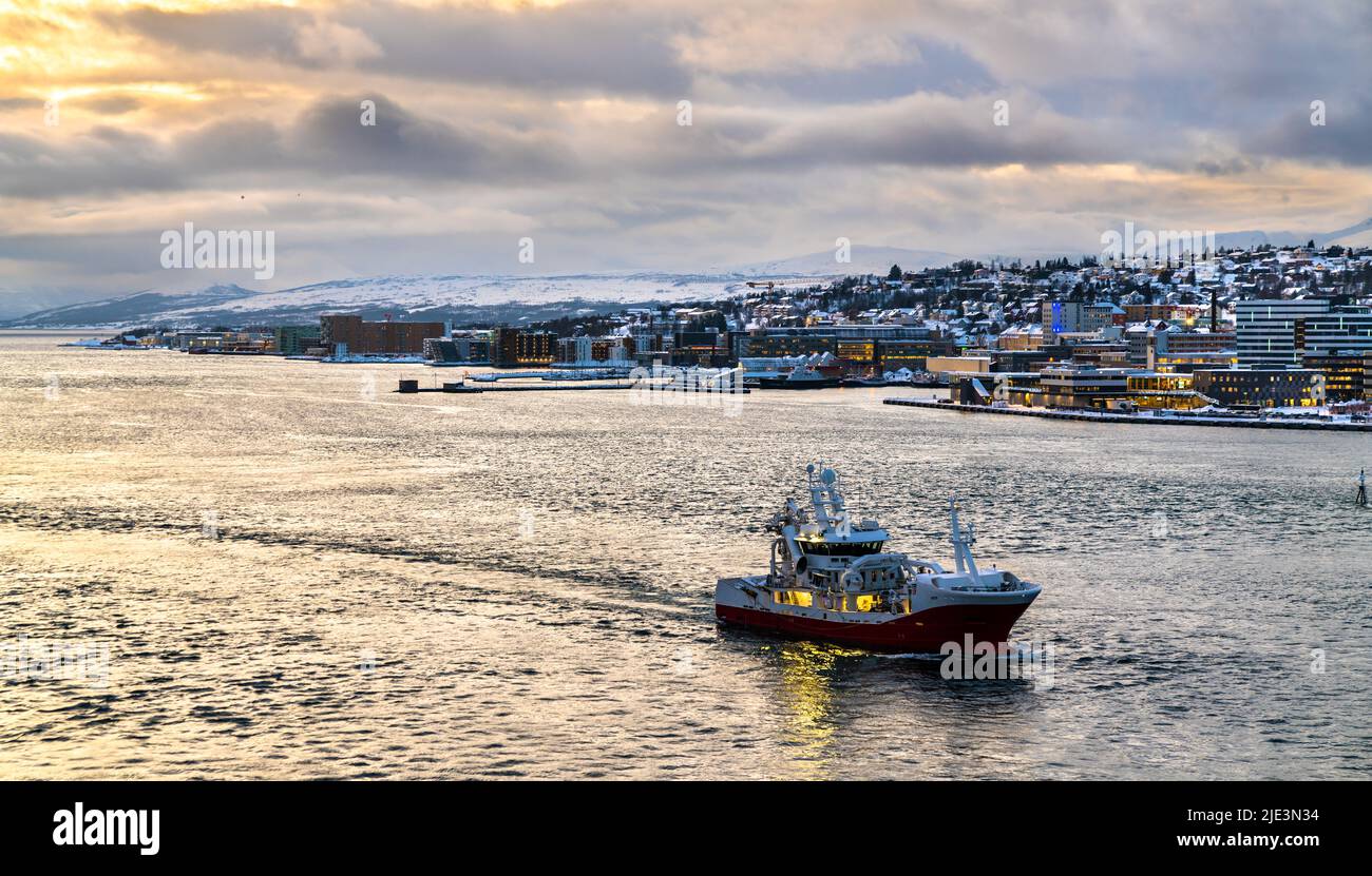 Boat in the sea at Tromso, Norway Stock Photo