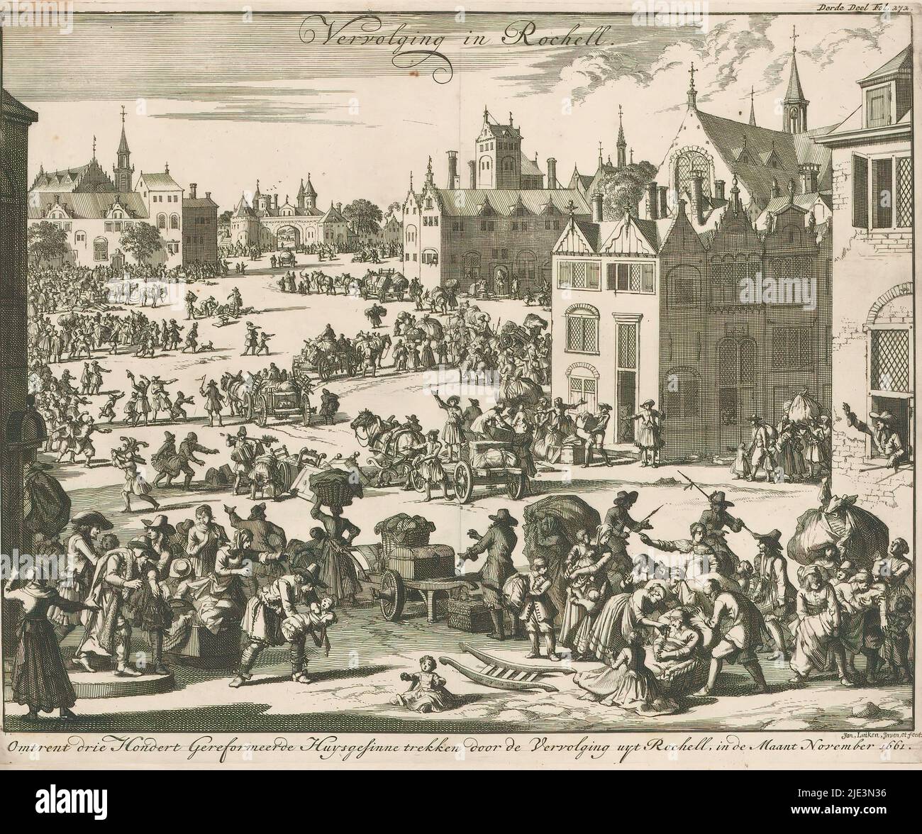Persecution of Protestants at La Rochelle, 1661, Persecution at Rochell. Omtrent drie Hondert Gereformeerde Huysgesinne trekken door de Vervolging uyt Rochell, in de Maant November 1661 (title on object), Persecution of Protestants in La Rochelle leads to an exodus of three hundred families, November 1661. Print marked top right: Third Volume Fol. 272., print maker: Jan Luyken, (mentioned on object), after own design by: Jan Luyken, (mentioned on object), Amsterdam, 1696, paper, etching, height 291 mm × width 359 mm Stock Photo