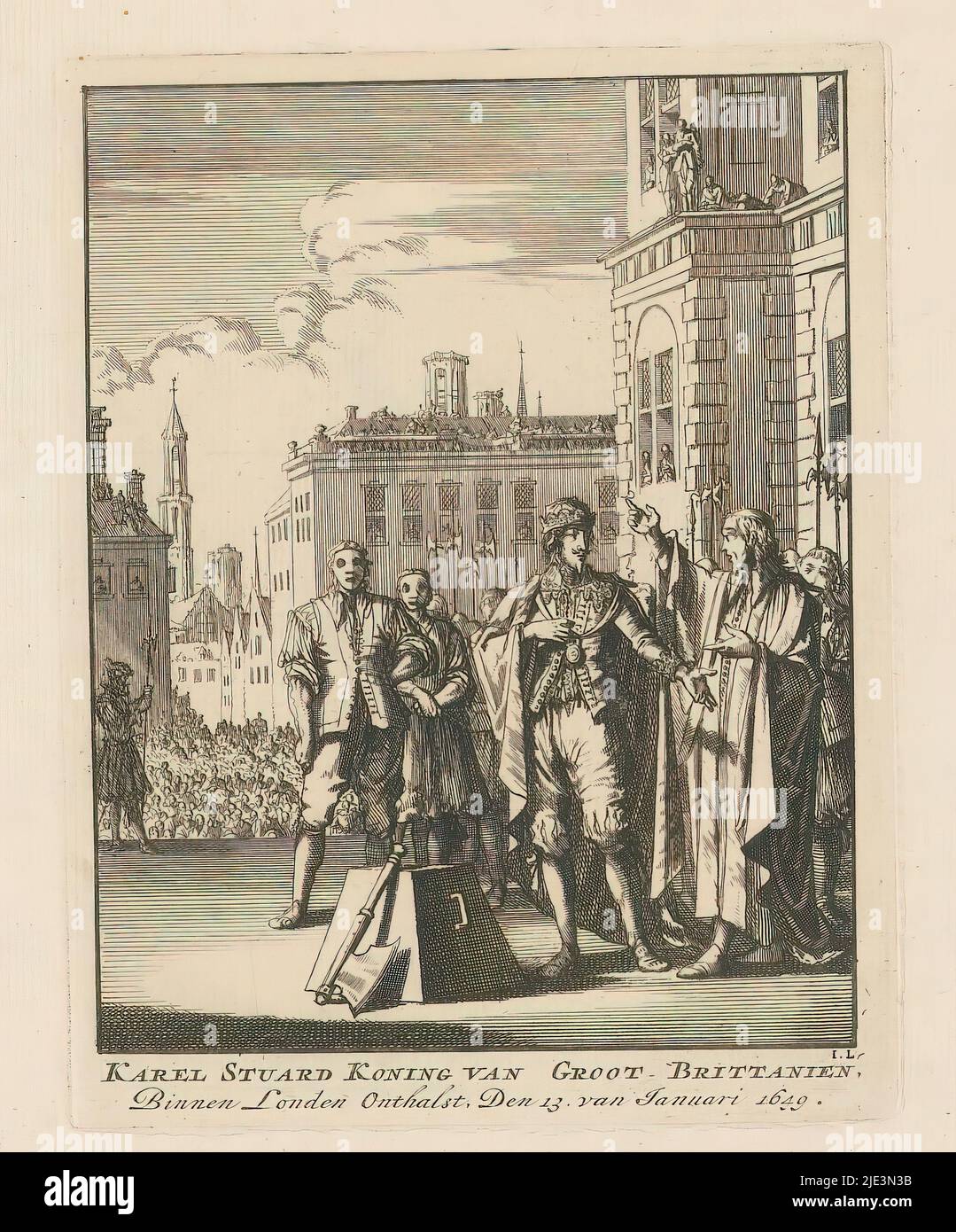 Beheading of Charles I, King of England, in London, 1649, Charles Stuard King of Great Britain, Within London Abstained, Den 13. of January 1649 (title on object), Charles I, King of England, at the scaffold, before his beheading on 30 January 1649., print maker: Jan Luyken, (mentioned on object), England, 1698, paper, etching, height 187 mm × width 145 mm Stock Photo