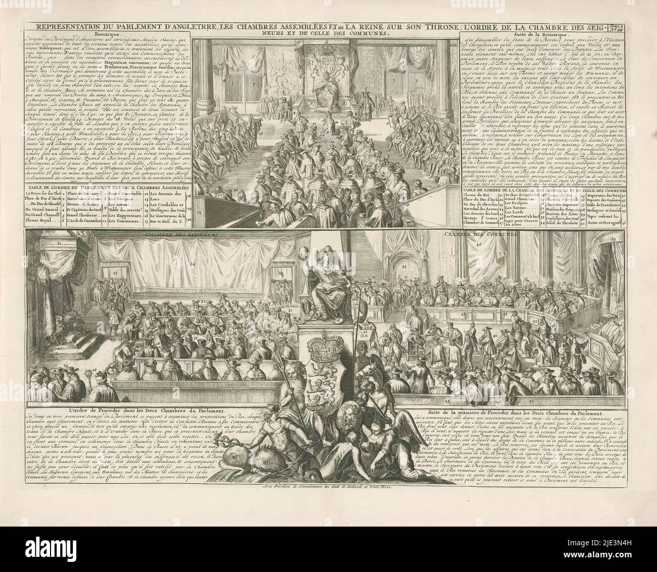 Session of the English Parliament, 1708, Representation du parlement d'Angletrre, les chambres assemblées et da la reine sur son throne (...) (title on object), Sheet on the customs of the English Parliament,1708. Above a representation of a joint session of the House of Lords and the House of Commons, presided over by the Queen. Below left a session of the House of Lords, right the House of Commons. With legends and explanations in French. Marked at top right: Tome 2 No. 49. From Chatelain's Atlas Historique., print maker: anonymous, Staten van Holland en West-Friesland, (mentioned on object Stock Photo