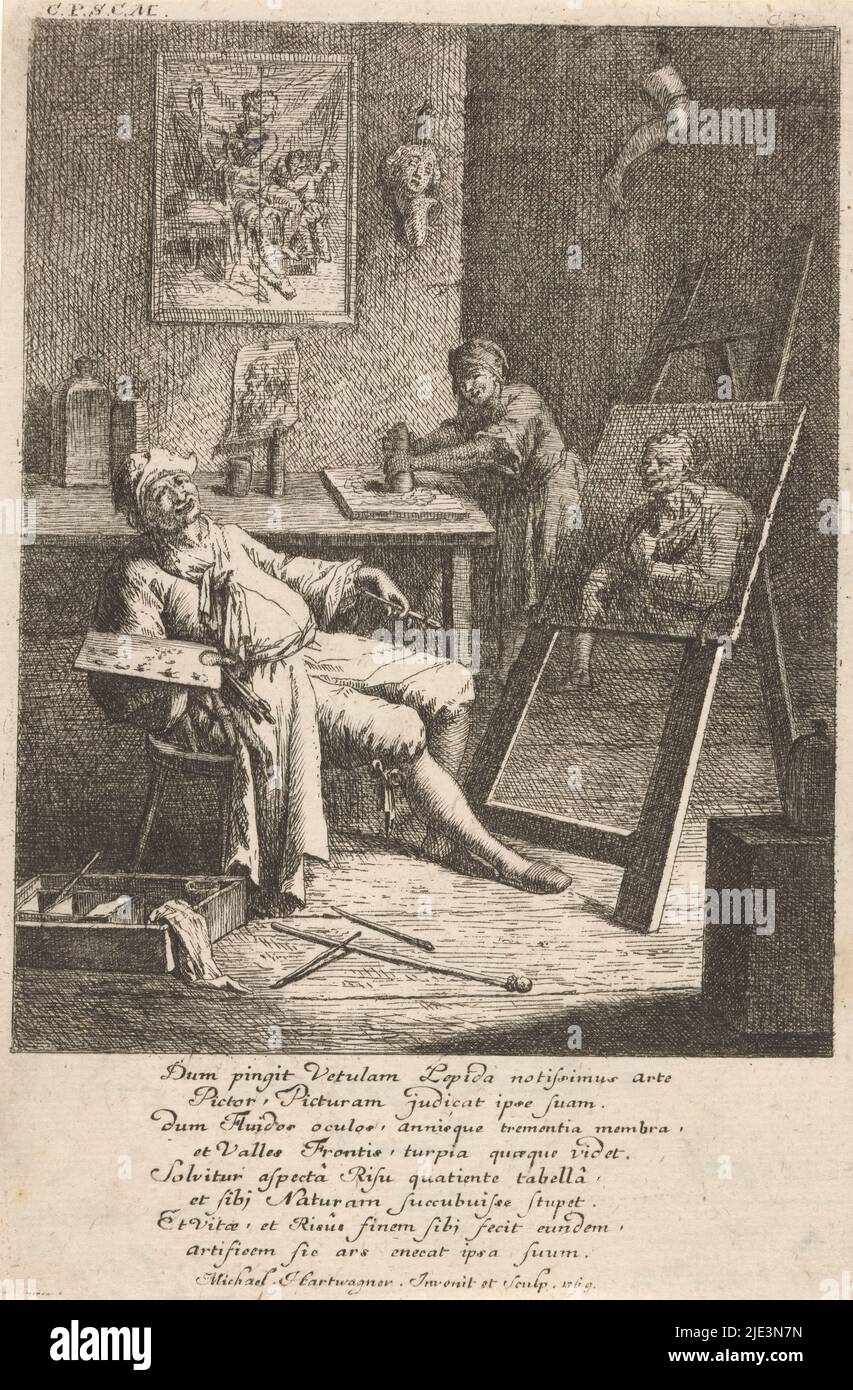 Painter in his studio, A painter in his studio, as Zeuxis smiles in front of a painting of an old woman. In the background, an apprentice rubs pigment. Below, an eight-line verse in Latin., print maker: Michael Hartwagner, (mentioned on object), after own design by: Michael Hartwagner, (mentioned on object), Jozef II (Duits keizer), (mentioned on object), Germany, 1769, paper, etching, height 227 mm × width 153 mm Stock Photo