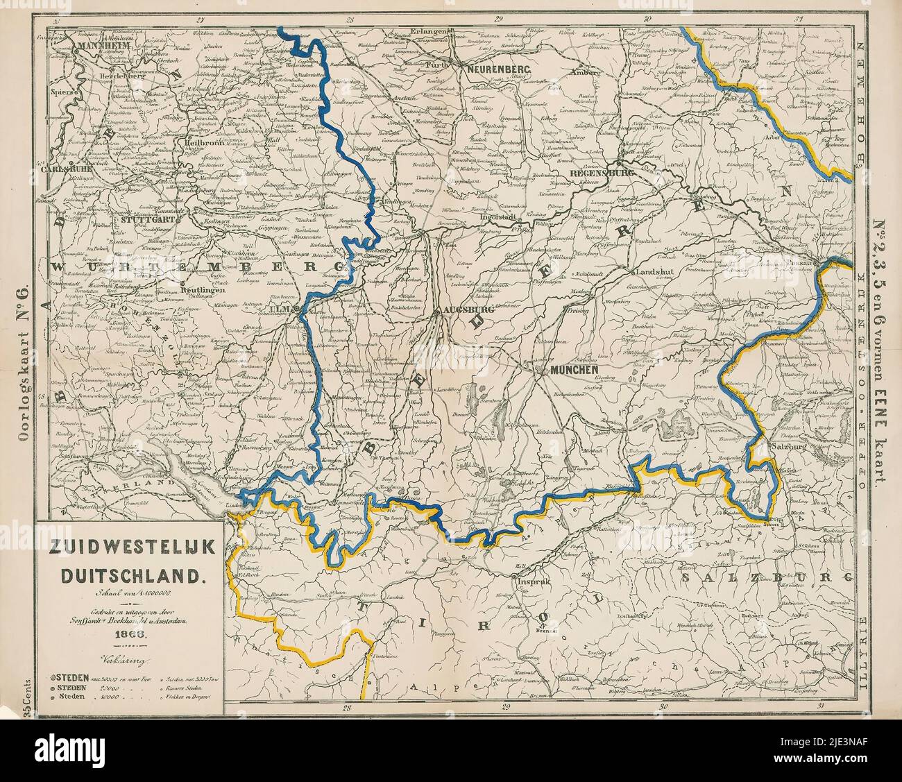 Map of Southwestern Germany, Southwestern Germany (title on object), Left side numbered: 3., print maker: anonymous, printer: boekhandel te Amsterdam Seijffardt, (mentioned on object), publisher: boekhandel te Amsterdam Seijffardt, (mentioned on object), Amsterdam, 1866, paper, height 346 mm × width 433 mm Stock Photo