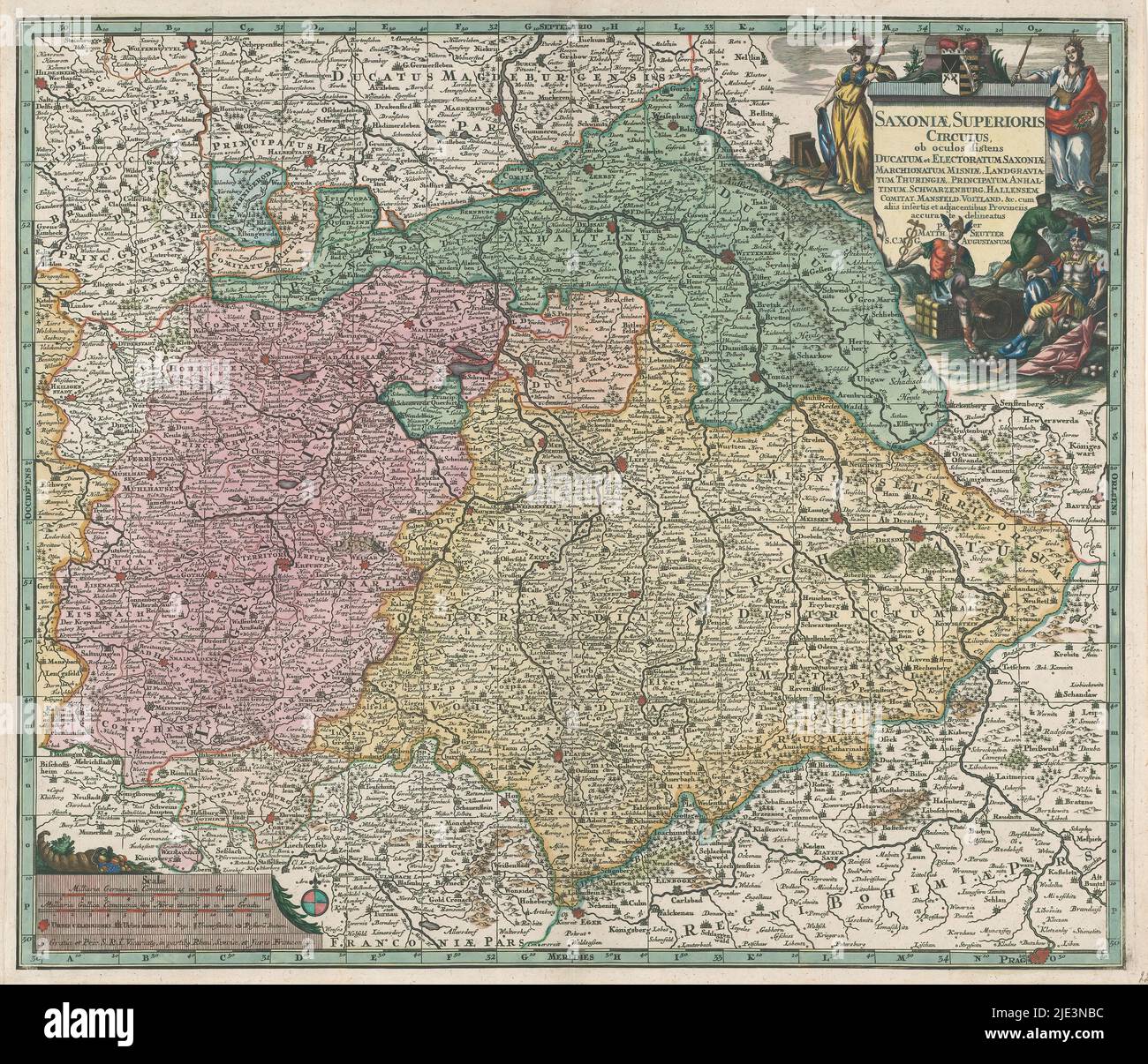 Map of the Electorate of Saxony, Saxoniae superioris circulus ob oculos sistens ducatum et electoratum (...) (title on object), Around the title cartouche an allegorical representation with above the coat of arms of Saxony., print maker: anonymous, publisher: Matthaeus Seutter (III), (mentioned on object), unknown, (mentioned on object), Augsburg, 1757 - 1777, paper, engraving, height 505 mm × width 589 mm Stock Photo