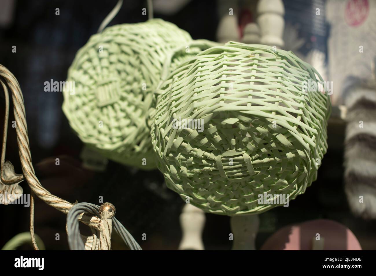 Green wicker basket. Interior details. Basket woven from dry plants. Stock Photo