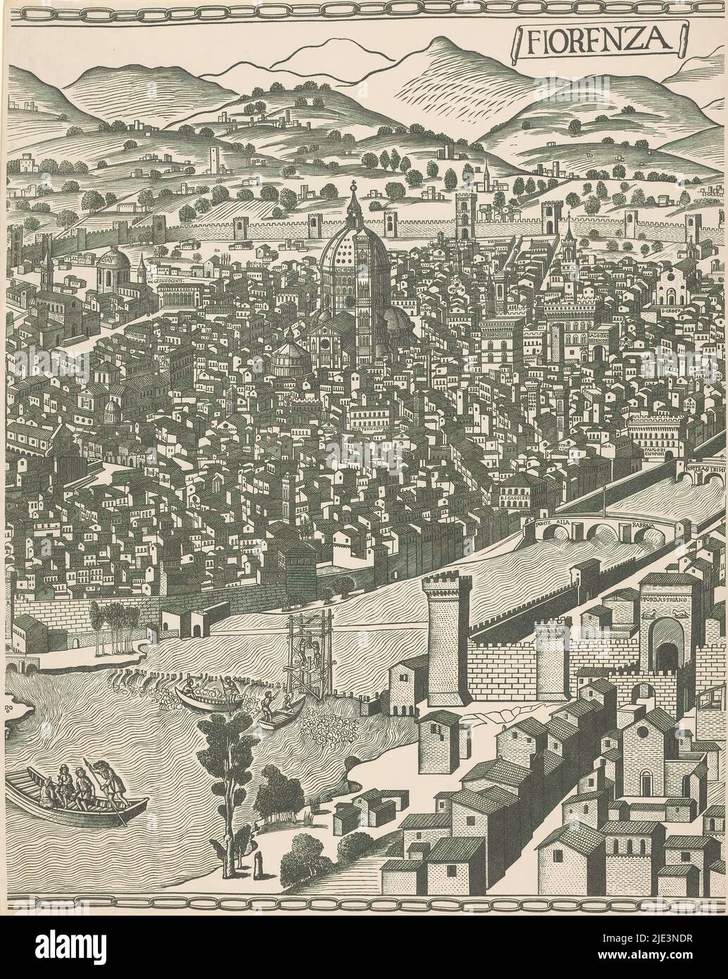 View of Florence (middle part), Fiorenza (title on object), Middle part of a view of Florence consisting of three parts, also called the Pianta della Catena., Reichsdruckerei, (mentioned on object), after print by: Lucantonio degli Uberti, (possibly), after design by: Francesco Rosselli, Berlin, after print by: Florence, after design by: Florence, printer: Berlin, c. 1500 - c. 1510 and/or 1879 - 1949, paper, collotype, height 574 mm × width 462 mm Stock Photo