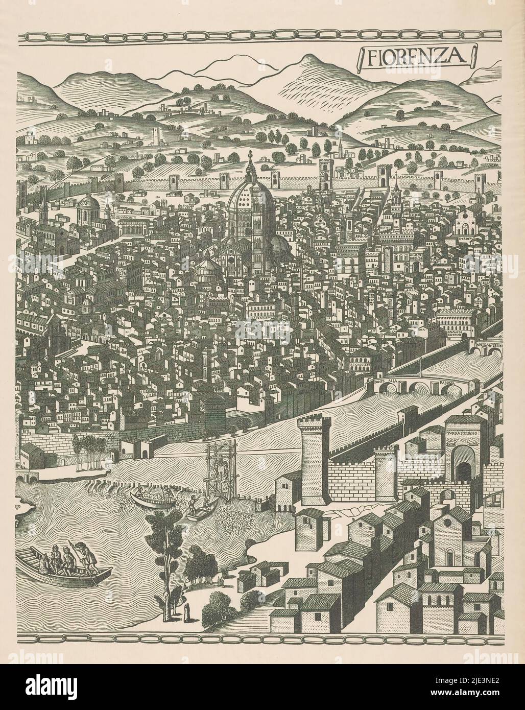 View of Florence (middle part), Fiorenza (title on object), Middle part of a view of Florence consisting of three parts, also called the Pianta della Catena., Reichsdruckerei, (mentioned on object), after print by: Lucantonio degli Uberti, (possibly), after design by: Francesco Rosselli, Berlin, after print by: Florence, after design by: Florence, printer: Berlin, c. 1500 - c. 1510 and/or 1879 - 1949, paper, collotype, height 745 mm × width 496 mm Stock Photo