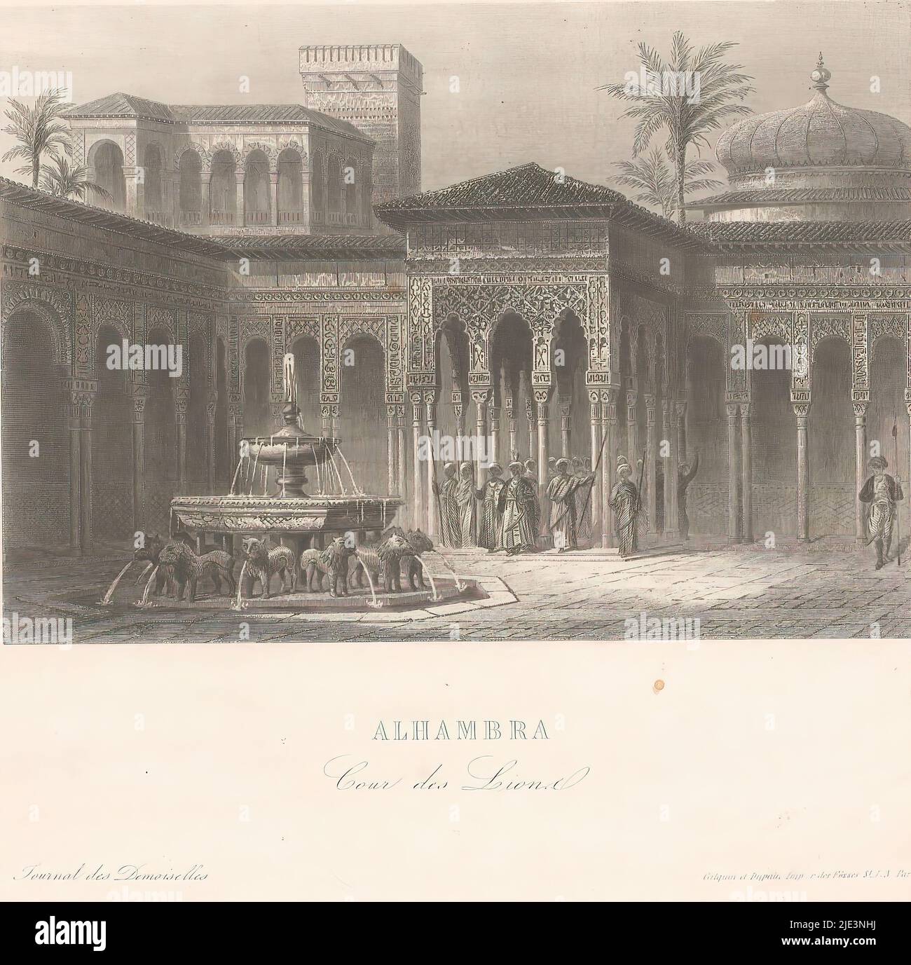 View of the lion fountain of Alhambra, in Granada, Alhambra Cour des Lions (title on object), print maker: anonymous, printer: Gilquin & Dupain, (mentioned on object), Paris, 1857 - 1863, paper, steel engraving, height 199 mm × width 278 mm Stock Photo