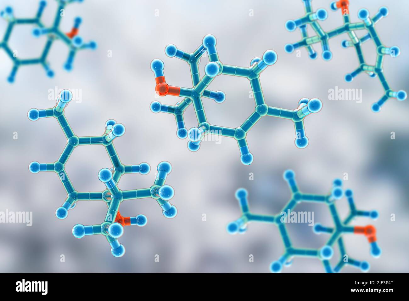 Terpinen-4-ol molecule, illustration. A naturally occurring organic compound found in tea tree oil, lavender oil, thyme oil and other essential oils, Stock Photo