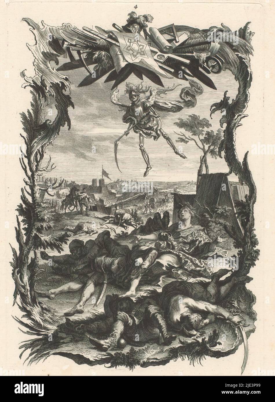 The horrors of war, number 4, Schrecken des Krieges (series title on object), Death hovers over the battlefield. Part of a series of seven prints (plus title print) on the horrors of war in ornamental rococo frames Stock Photo