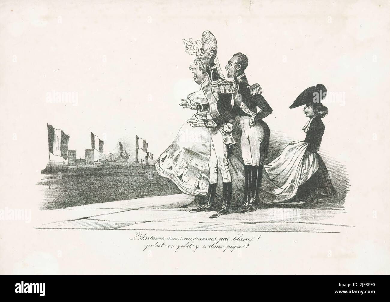 Charles X and the July Revolution, 1830, Cartoon of King Charles X during the July Revolution, July 27-29, 1830. Charles X looks on with his son Louis Anton of Bourbon and his wife Marie Thérèse Charlotte, at a parade in which the French tricolor is waved. With two-line French caption., print maker: anonymous, France, 1830, paper, height 277 mm × width 363 mm Stock Photo