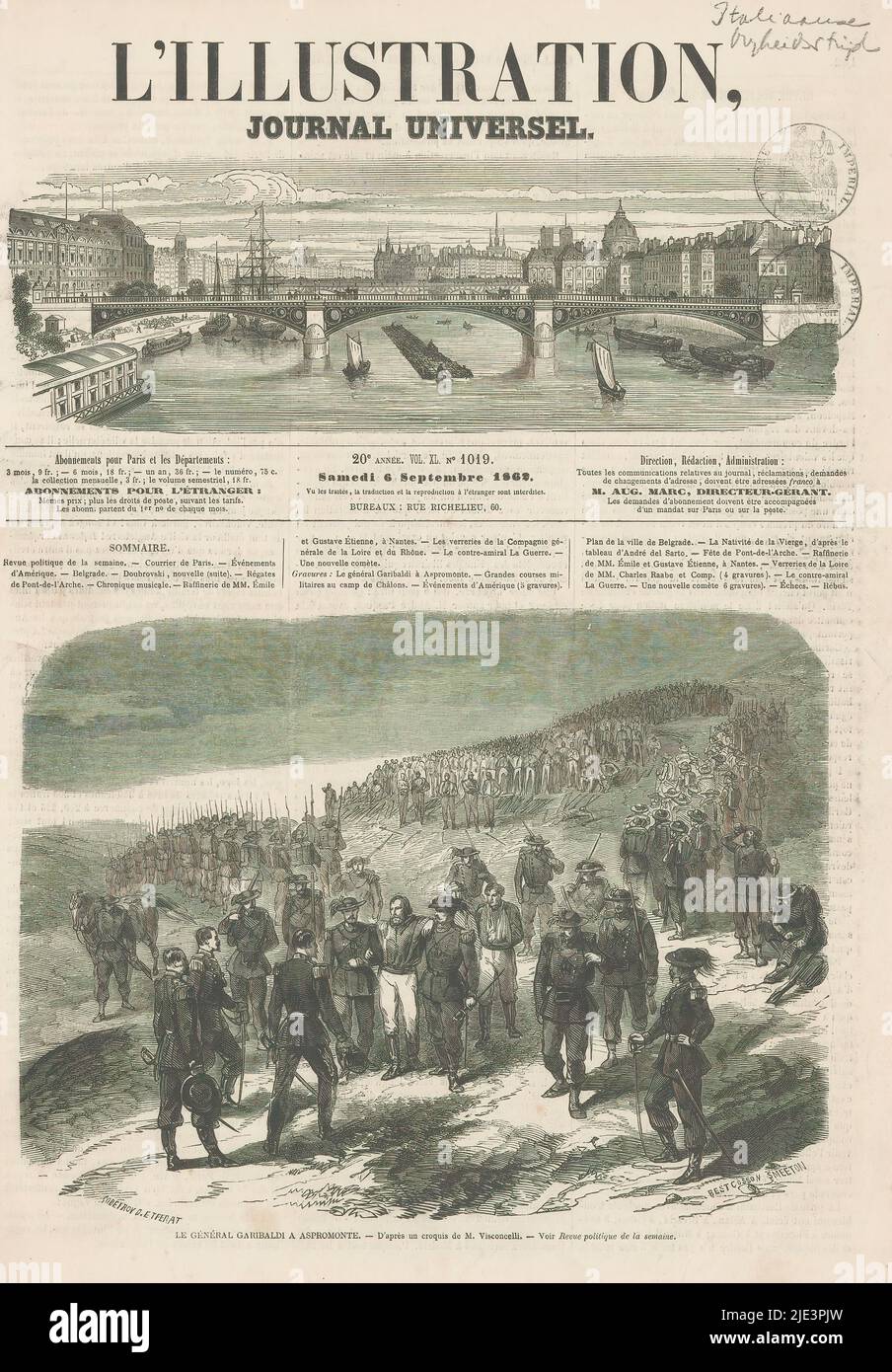 Garibaldi in the Aspromonte, 1862, Le général Garibaldi a Aspromonte (title on object), General Garibaldi supported by two of his soldiers, in the Aspromonte mountains in Calabria, 1862. Front page of: L'Illustration, Journal Universel, September 6, 1862., print maker: Best Cosson Smeeton, (mentioned on object), France, 6-Sep-1862, paper, height 369 mm × width 261 mm Stock Photo