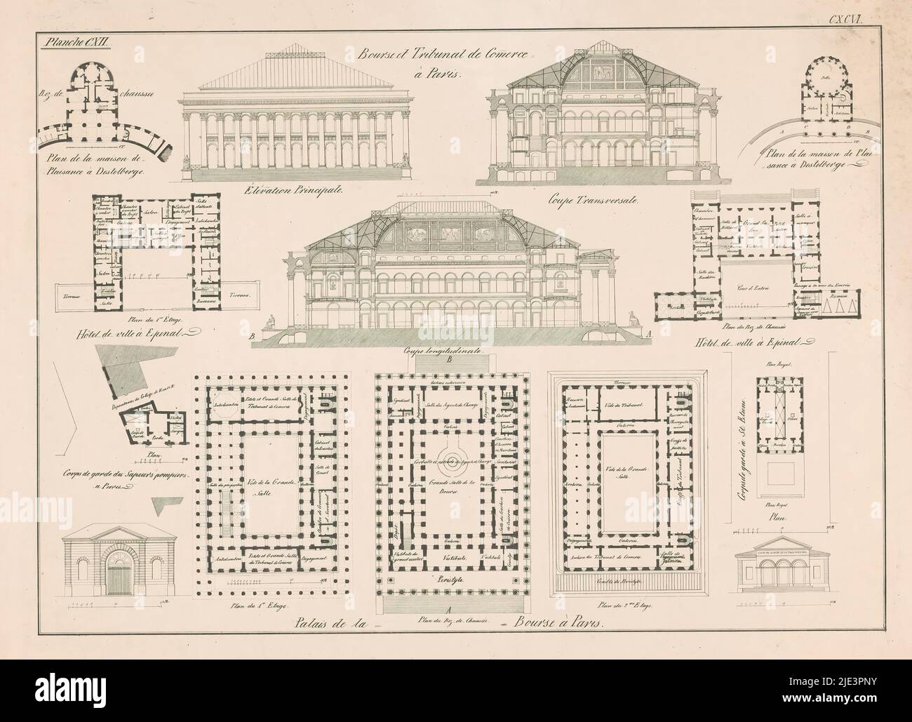 Schematic drawings and floor plans of the Bourse and Tribunal de commerce in Paris, Bourse et Tribunal de Comerce a Paris (title on object), print maker: anonymous, 1800 - 1900, paper, etching, engraving, height 516 mm × width 700 mm Stock Photo